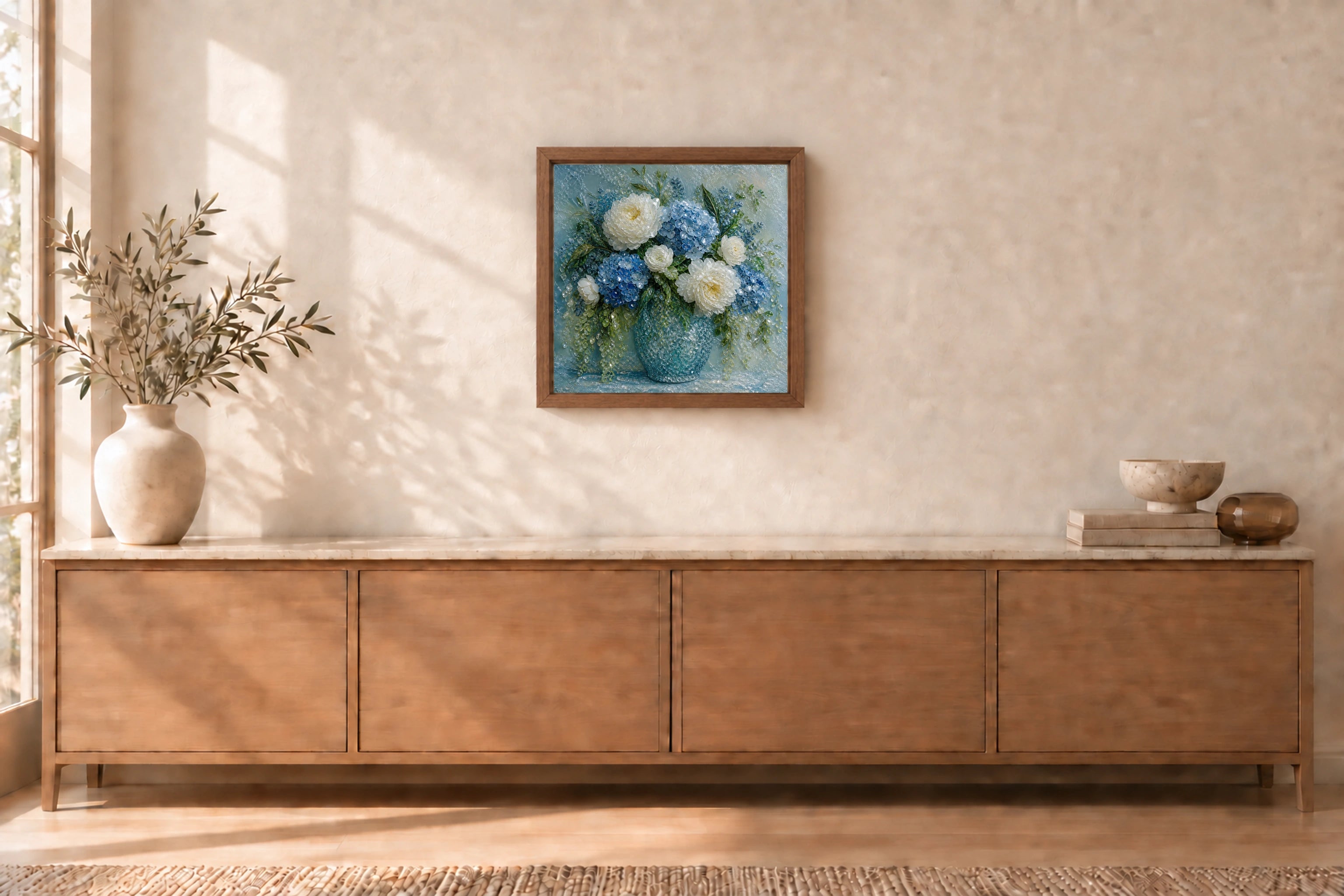 Blue Hydrangea &amp; White Peonies shown to approximate scale in a warm minimalist room