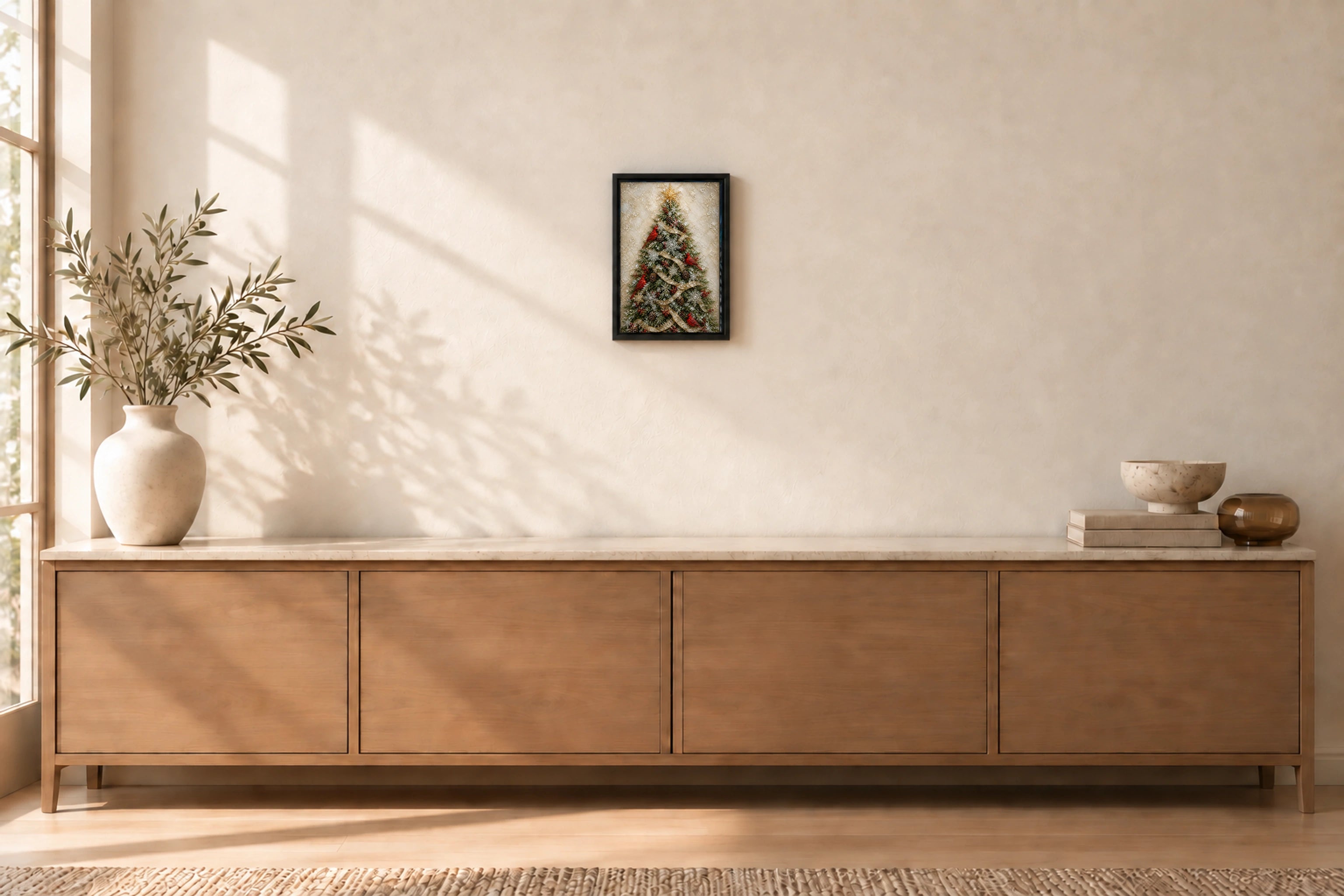 Cardinals &amp; Christmas Tree shown to approximate scale in a warm minimalist room