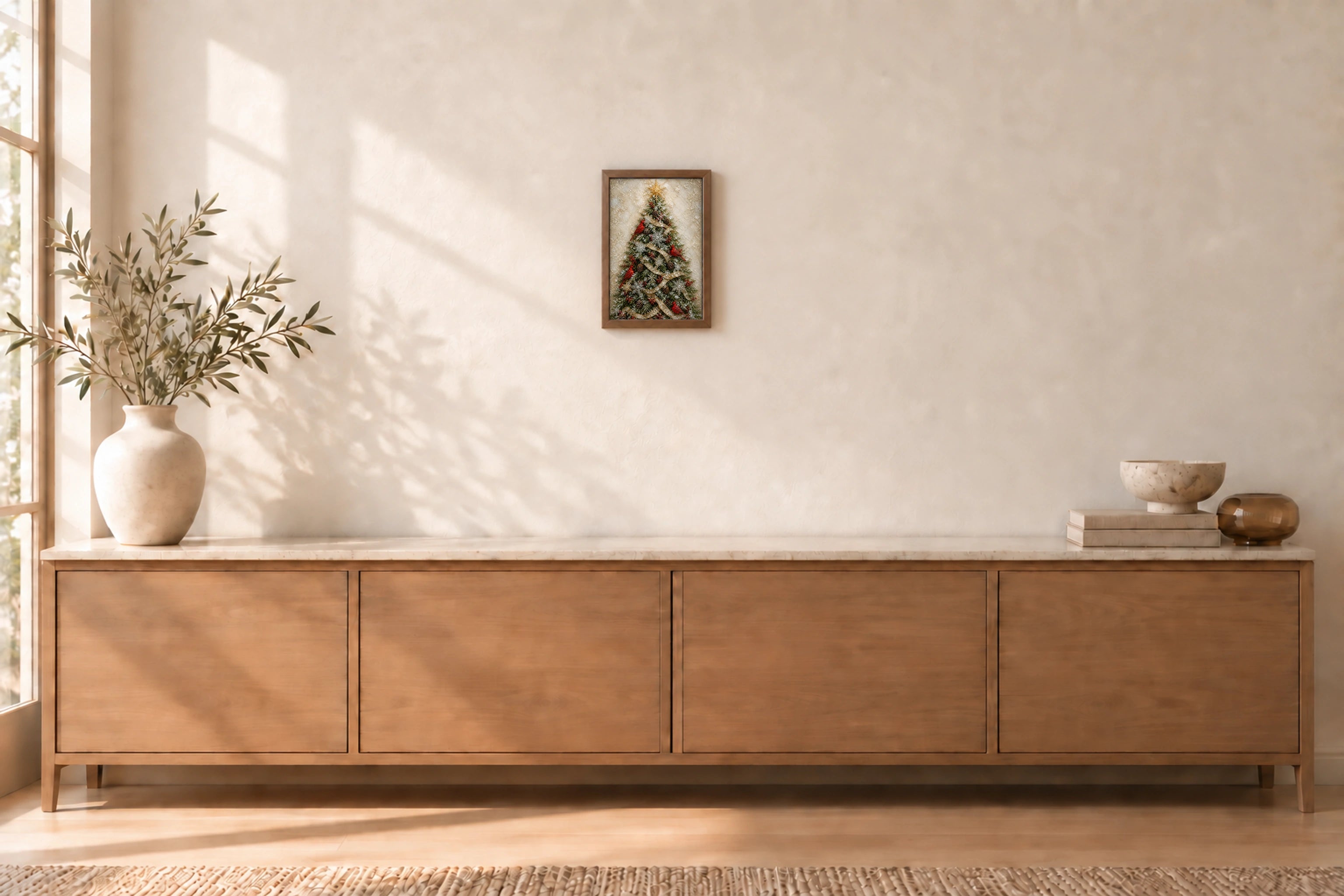 Cardinals &amp; Christmas Tree shown to approximate scale in a warm minimalist room