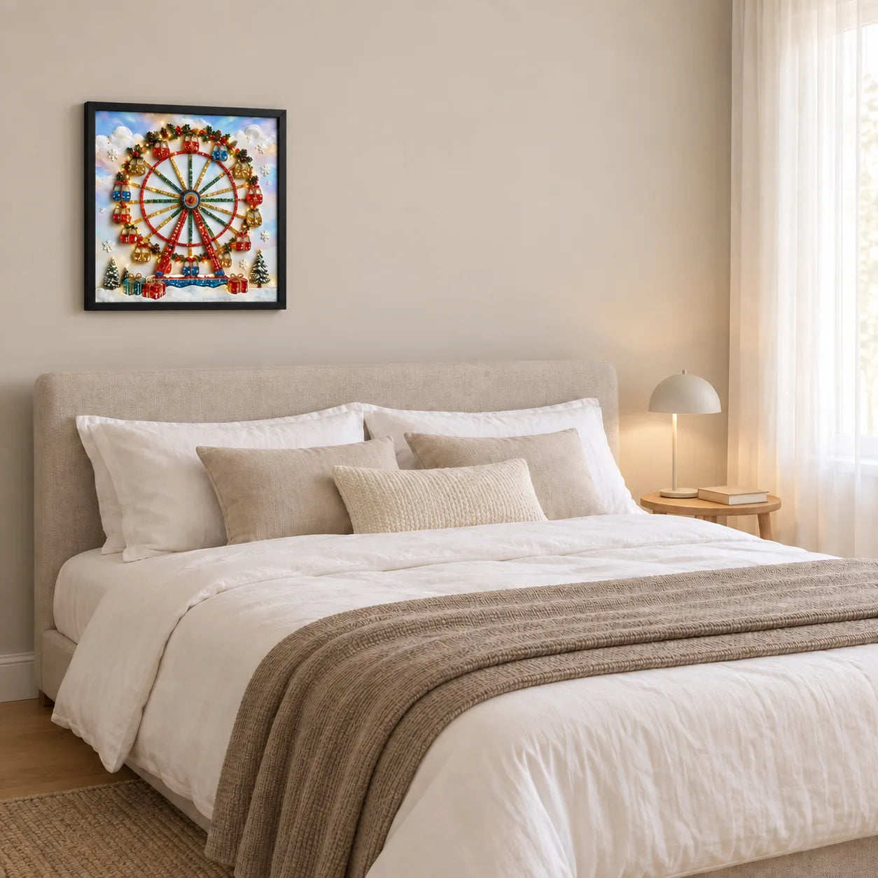 Christmas Ferris Wheel shown to approximate scale in a warm minimalist room
