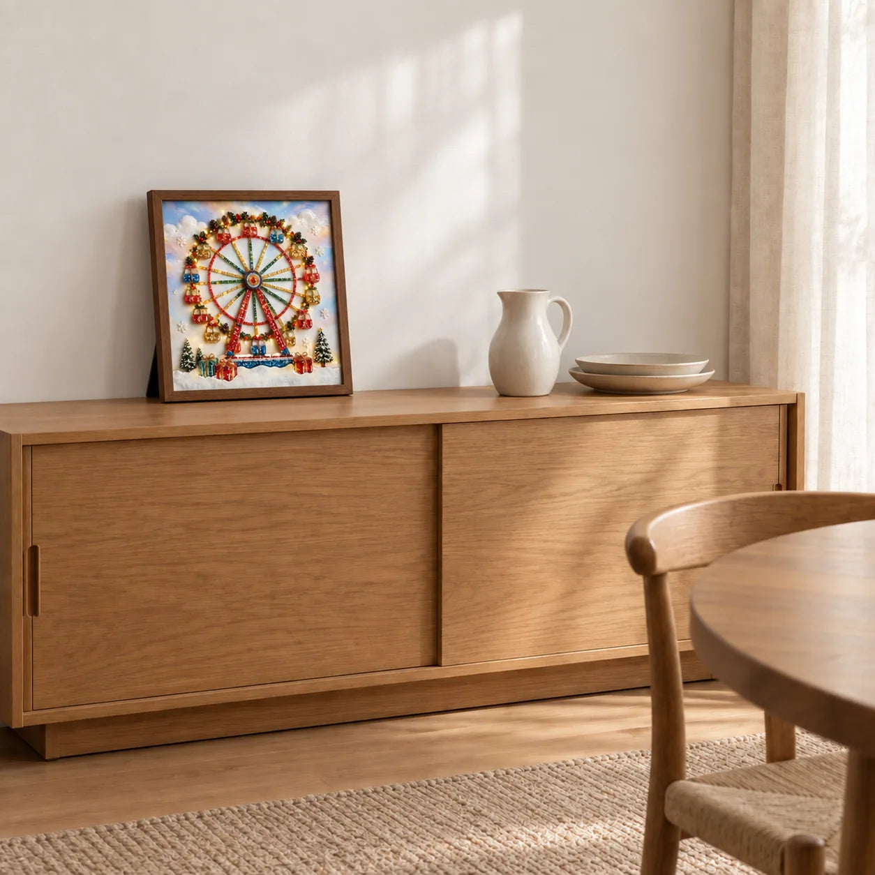 Christmas Ferris Wheel shown to approximate scale in a warm minimalist room