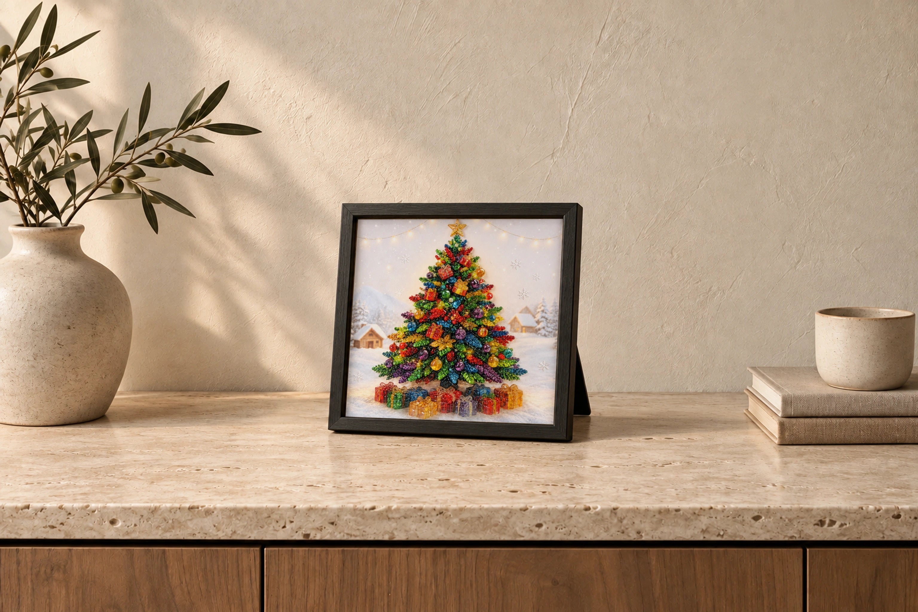 Christmas Tree shown to approximate scale in a warm minimalist room