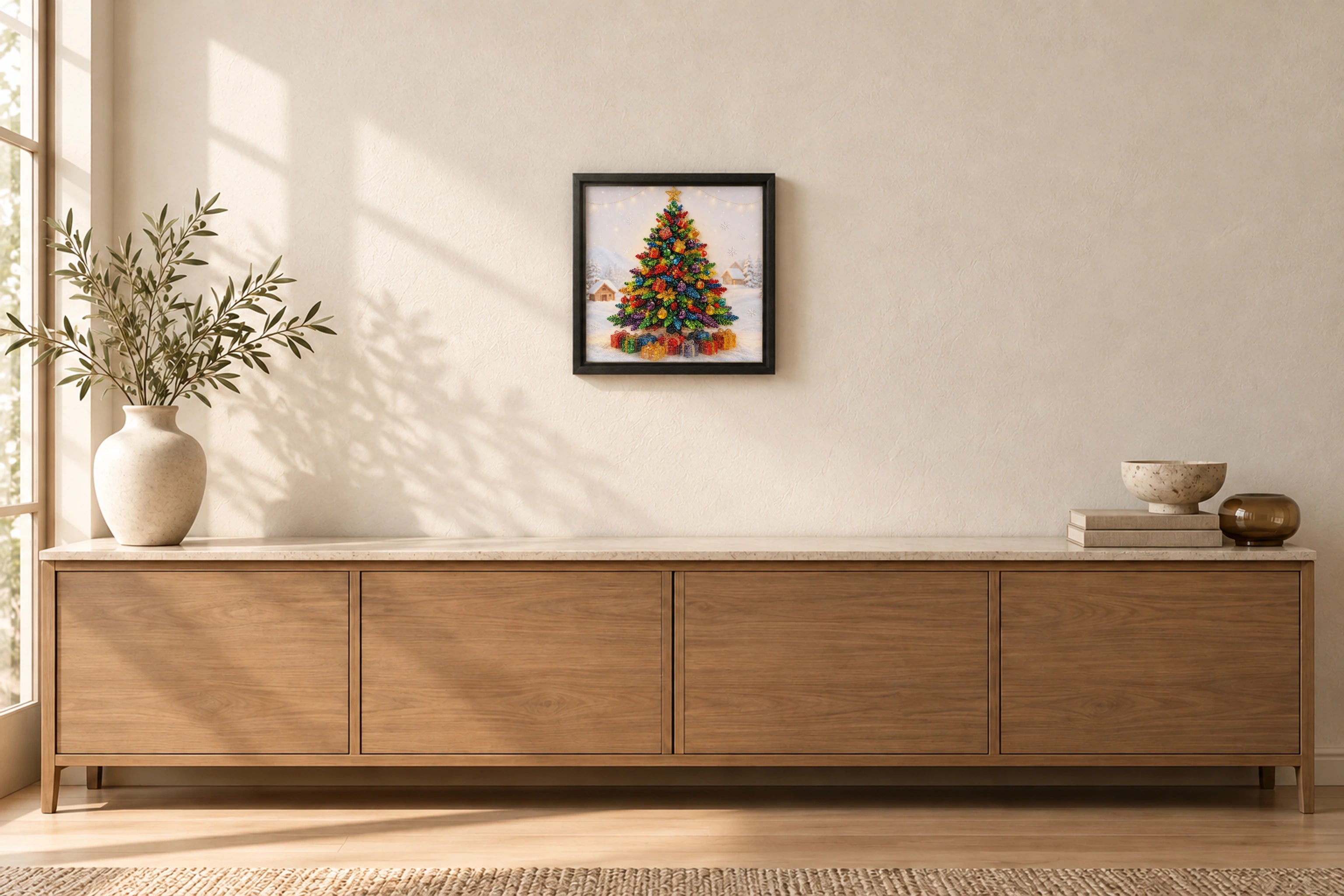 Christmas Tree shown to approximate scale in a warm minimalist room