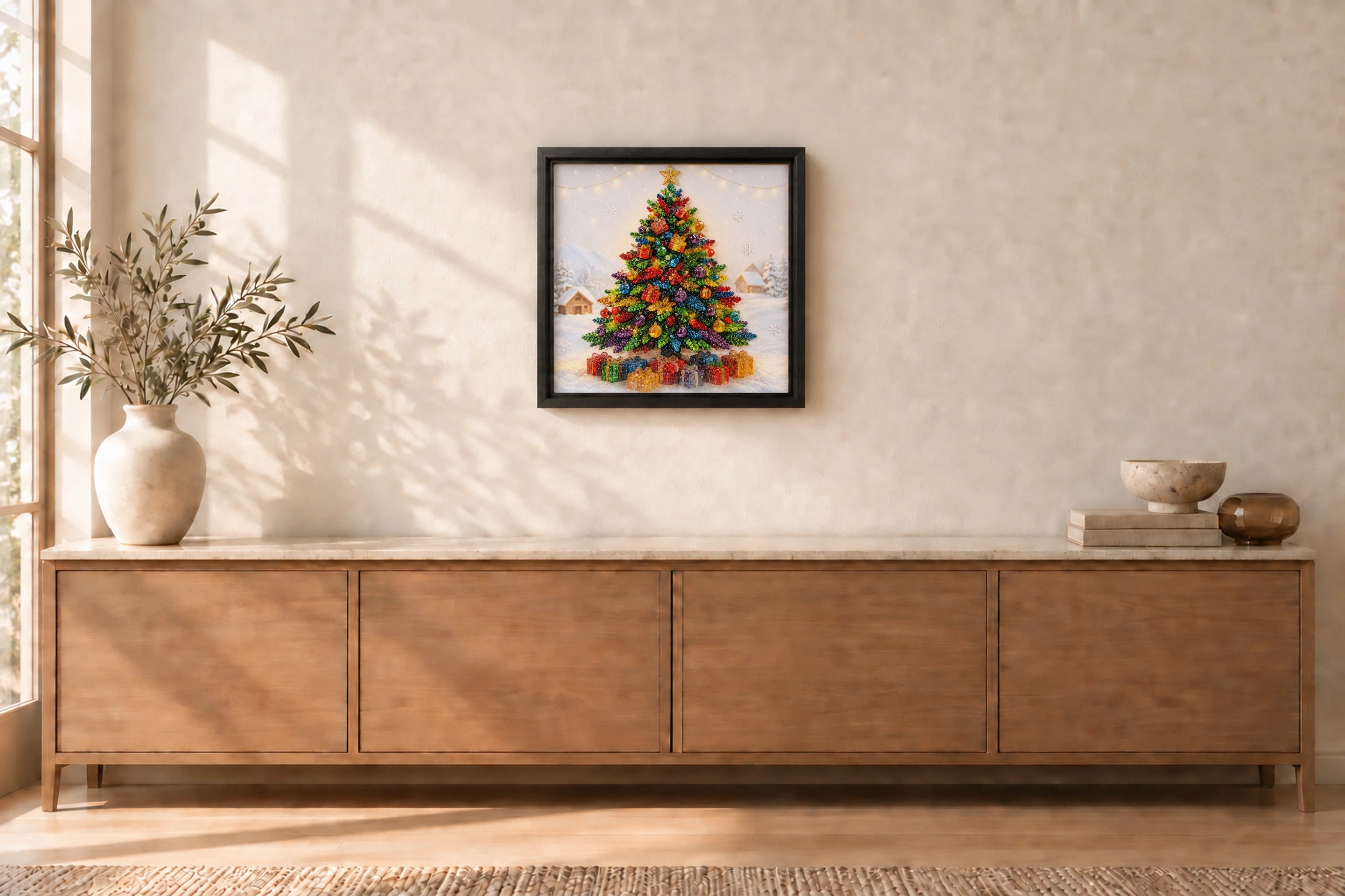 Christmas Tree shown to approximate scale in a warm minimalist room