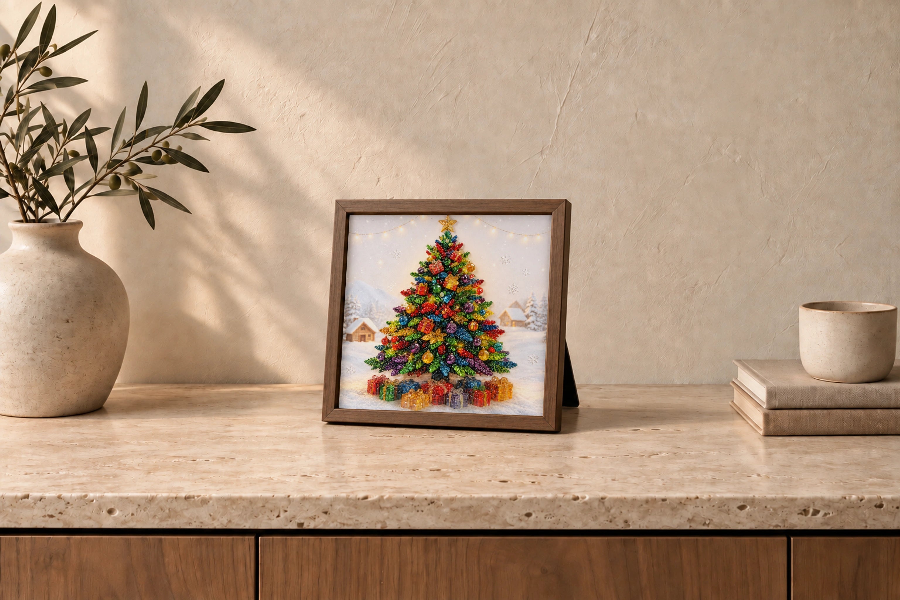 Christmas Tree shown to approximate scale in a warm minimalist room