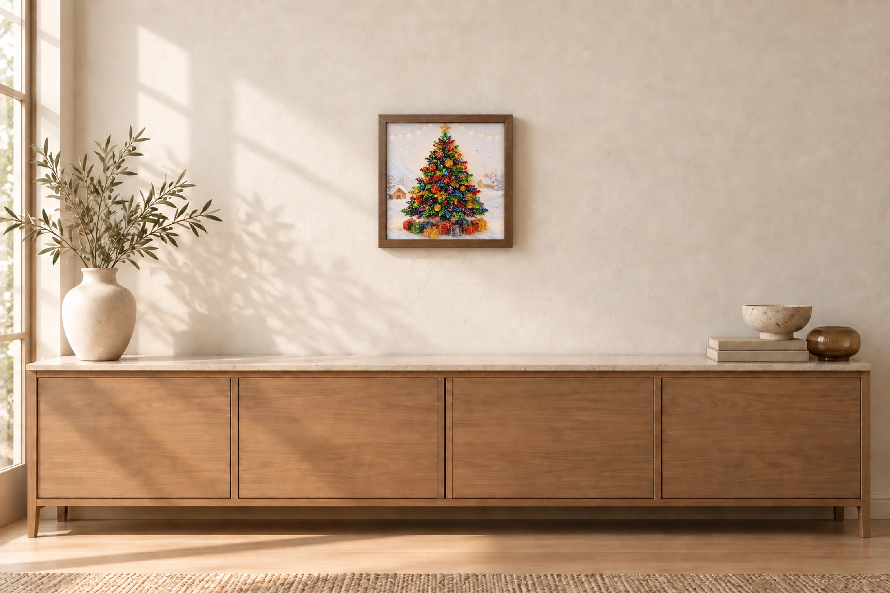 Christmas Tree shown to approximate scale in a warm minimalist room