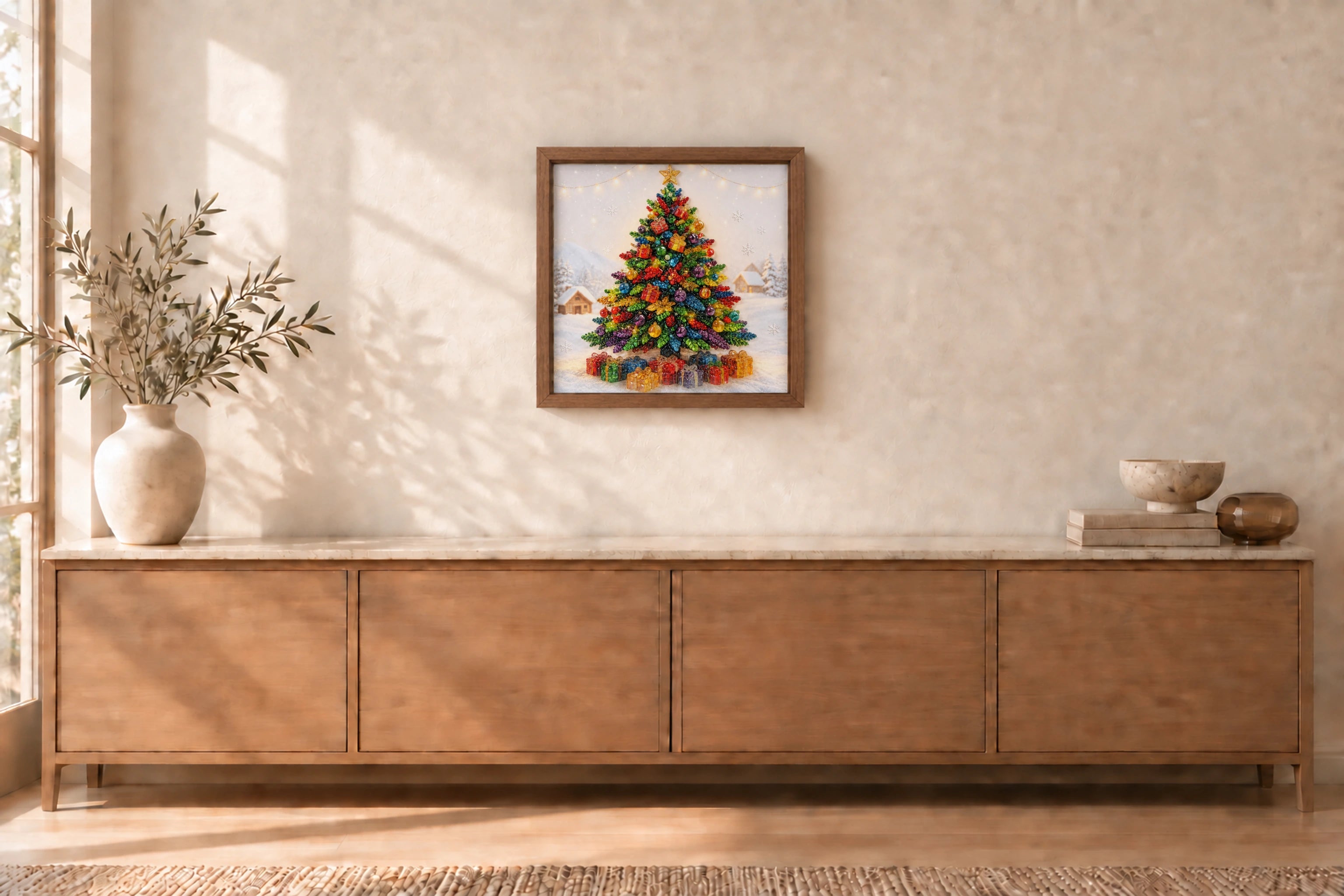 Christmas Tree shown to approximate scale in a warm minimalist room