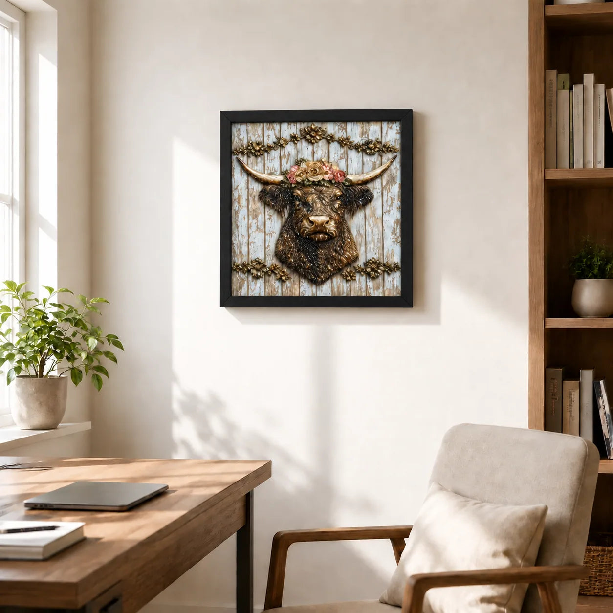 Flower Crown Highland Cow shown to approximate scale in a warm minimalist room