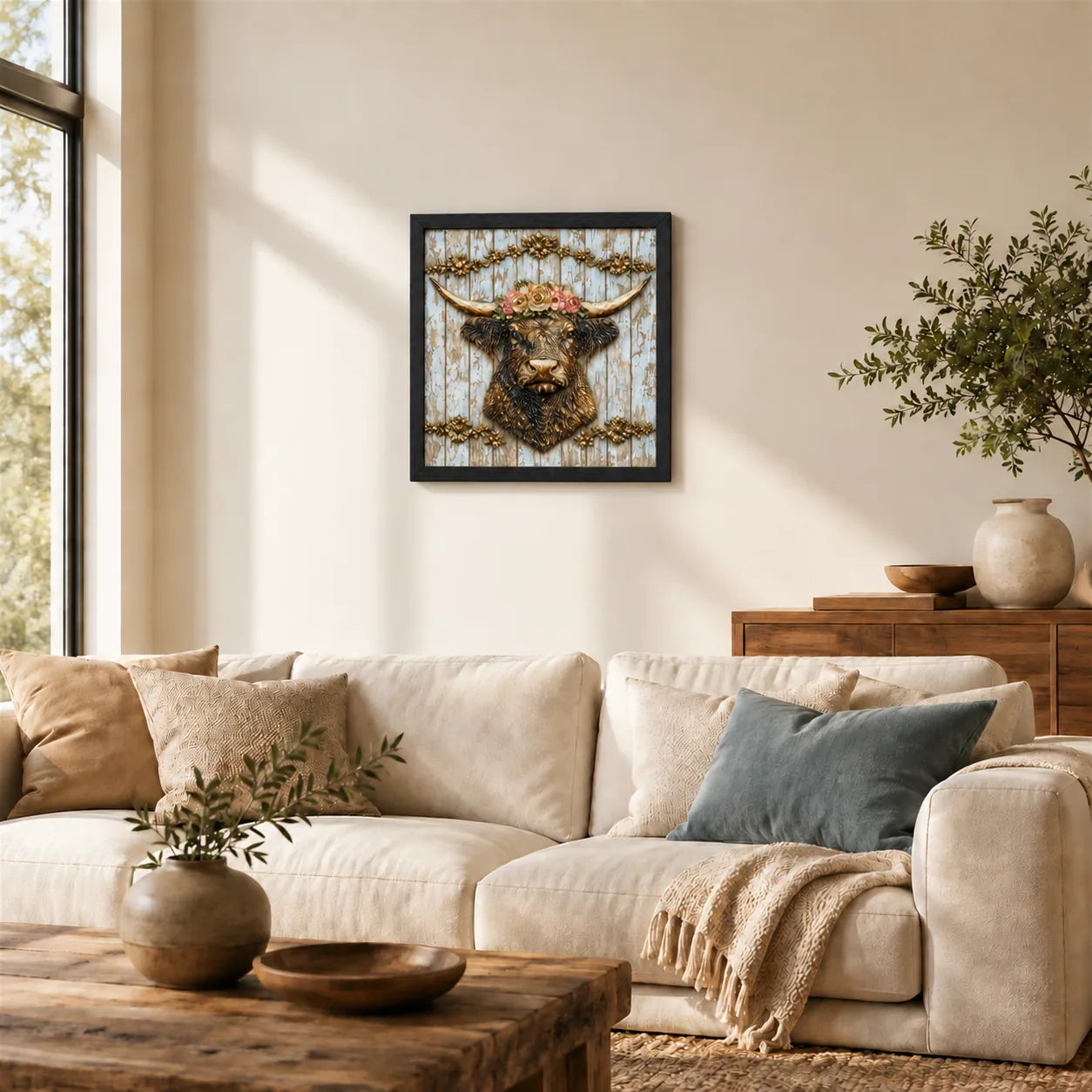 Flower Crown Highland Cow shown to approximate scale in a warm minimalist room