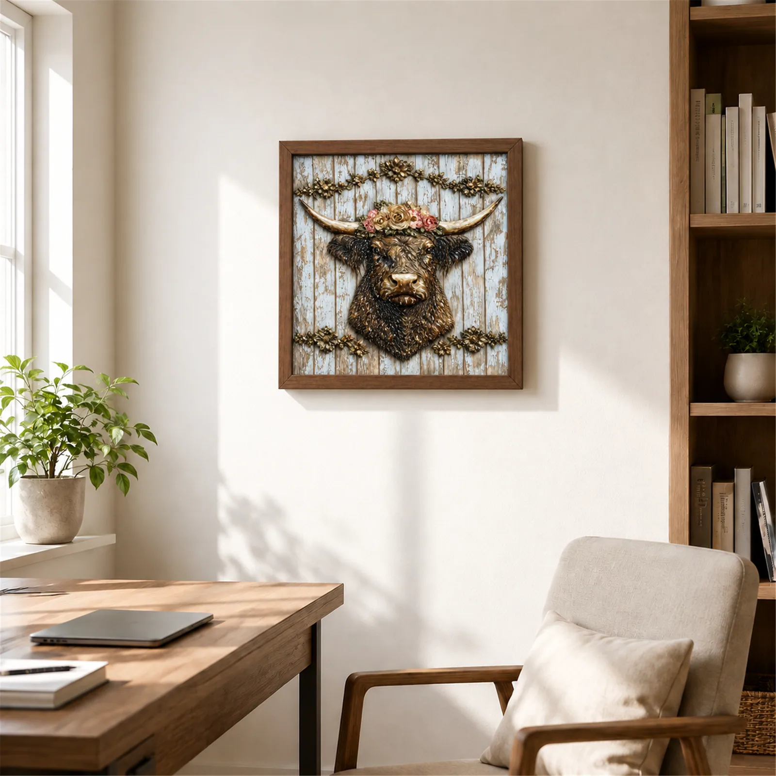 Flower Crown Highland Cow shown to approximate scale in a warm minimalist room