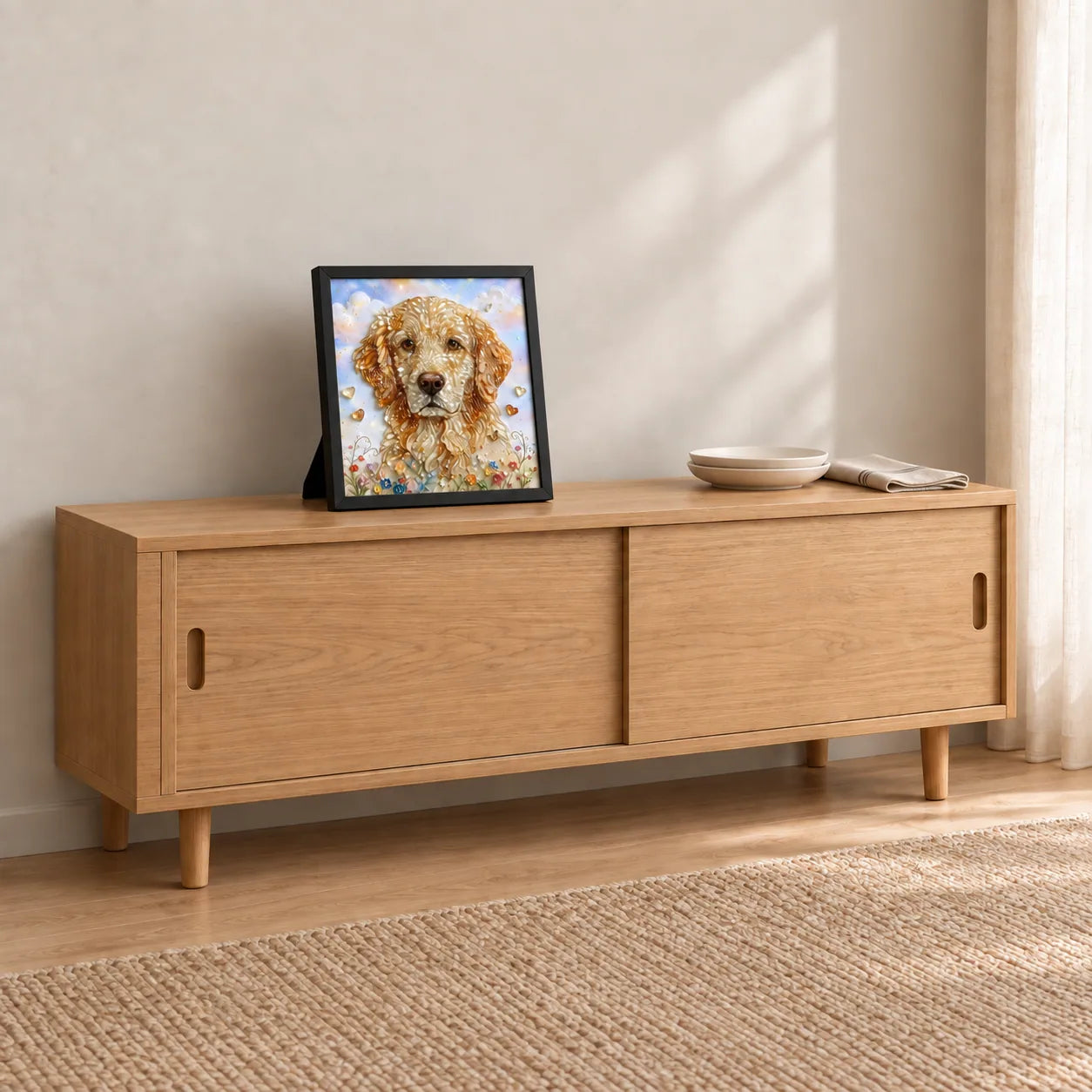 Golden Retriever Garden shown to approximate scale in a warm minimalist room