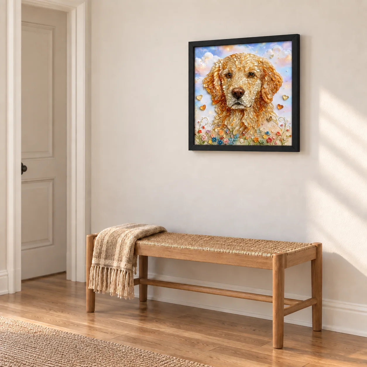 Golden Retriever Garden shown to approximate scale in a warm minimalist room