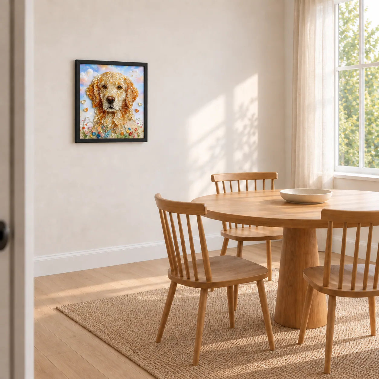 Golden Retriever Garden shown to approximate scale in a warm minimalist room