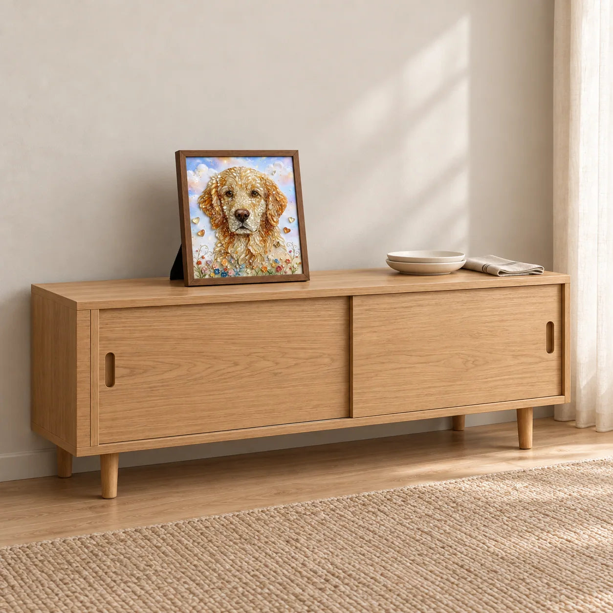 Golden Retriever Garden shown to approximate scale in a warm minimalist room