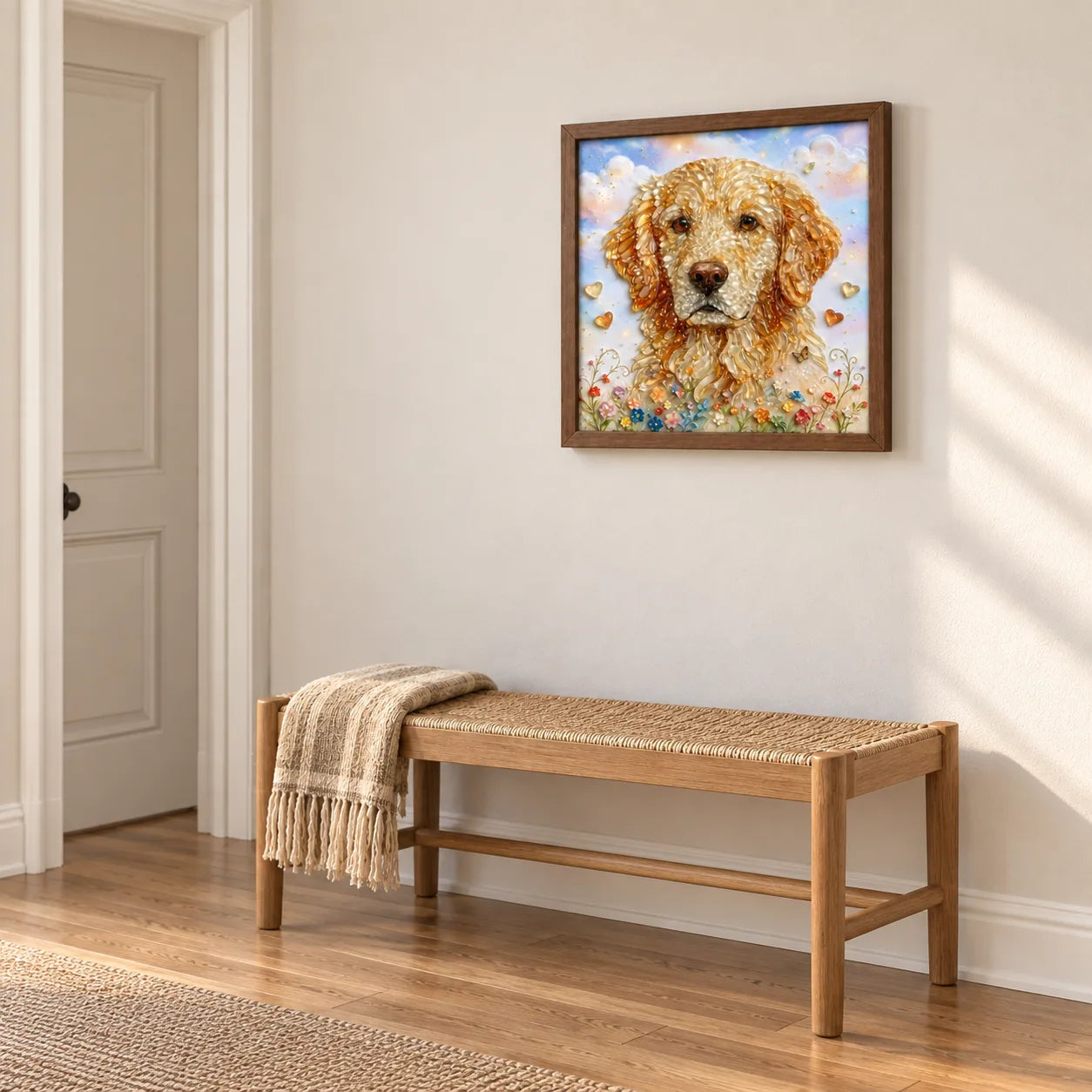 Golden Retriever Garden shown to approximate scale in a warm minimalist room