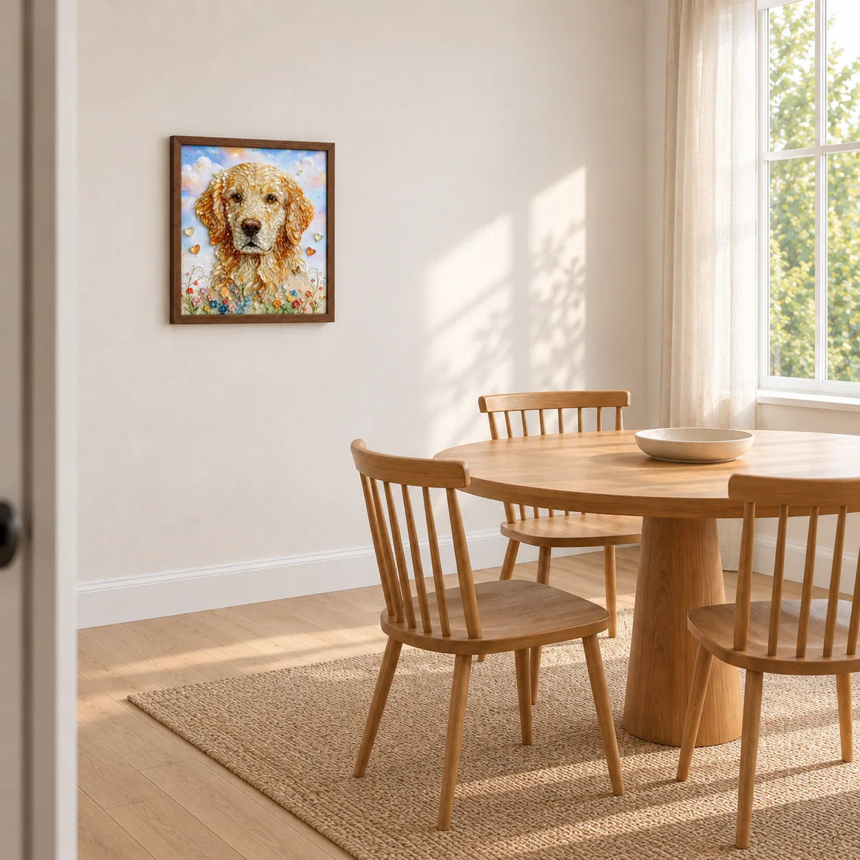 Golden Retriever Garden shown to approximate scale in a warm minimalist room