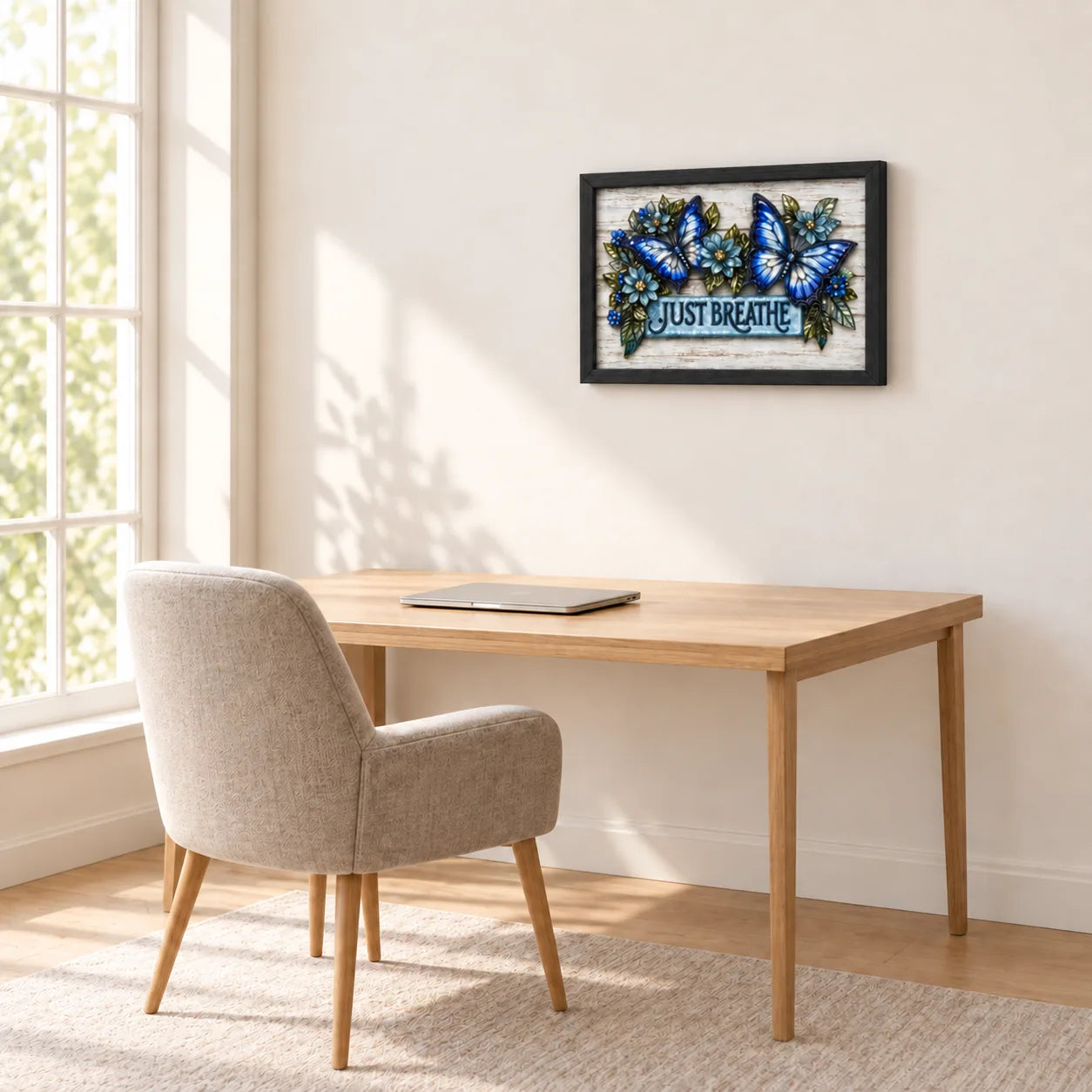 Just Breathe Butterflies shown to approximate scale in a warm minimalist room