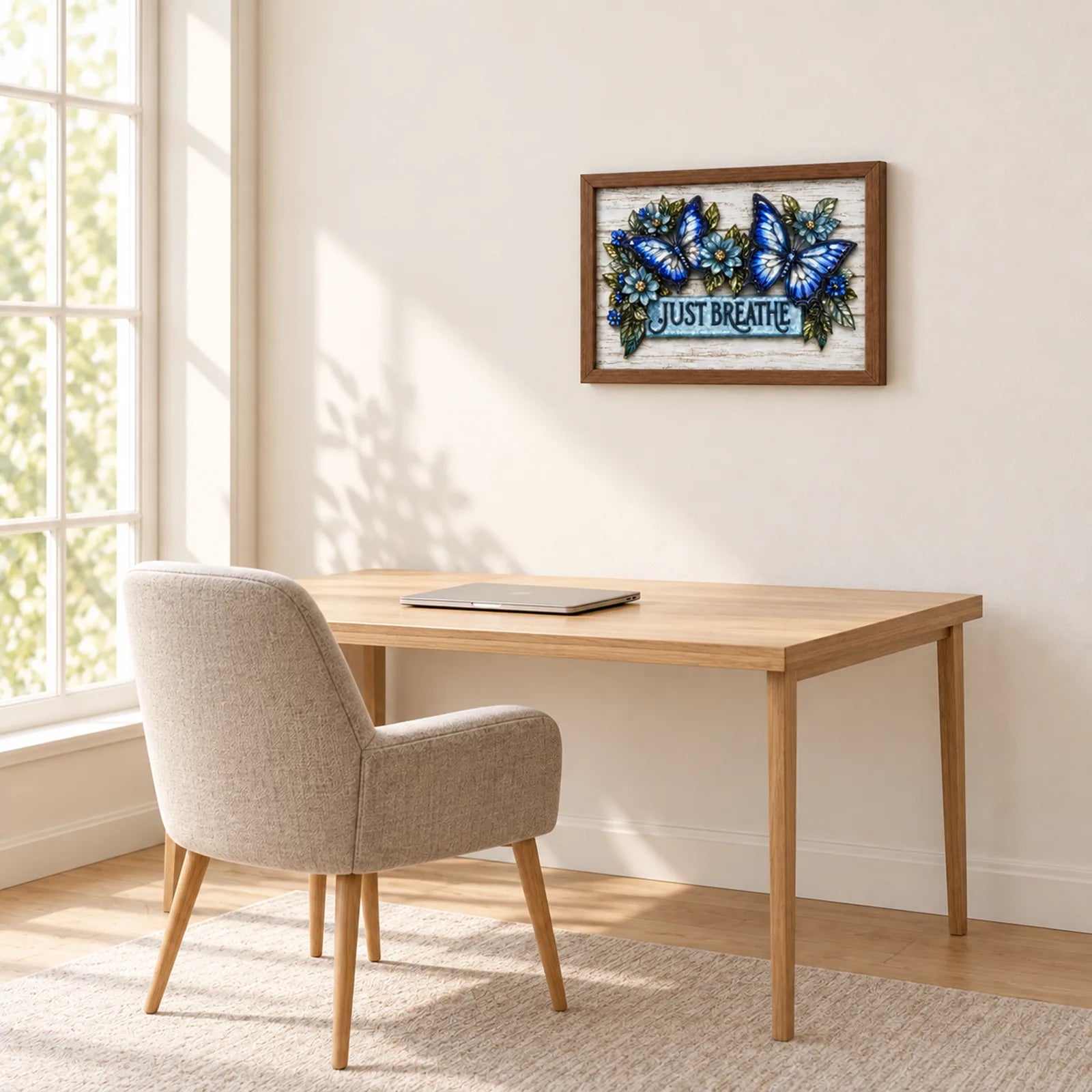 Just Breathe Butterflies shown to approximate scale in a warm minimalist room