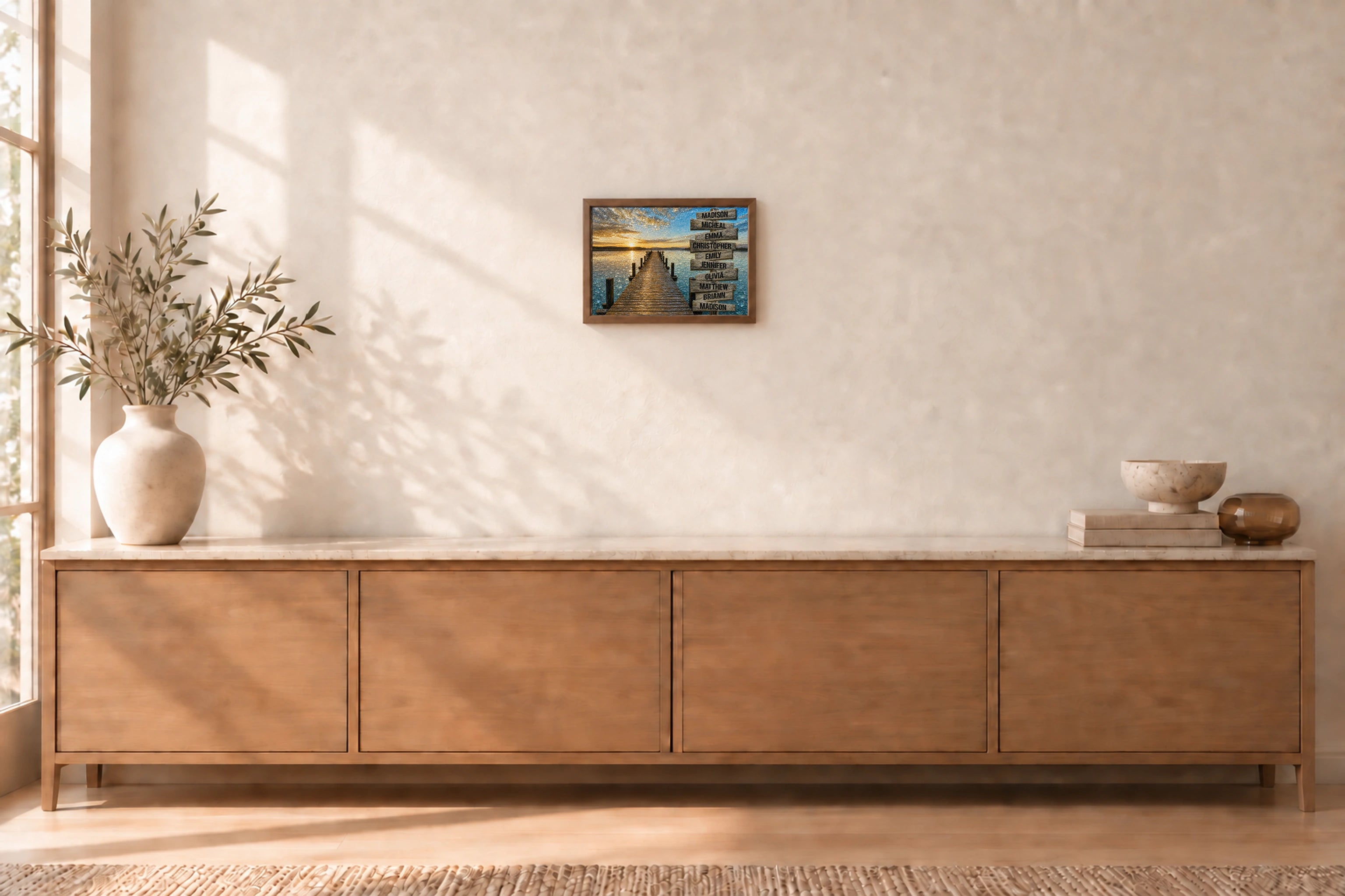 Lakeside Family Signpost shown to approximate scale in a warm minimalist room