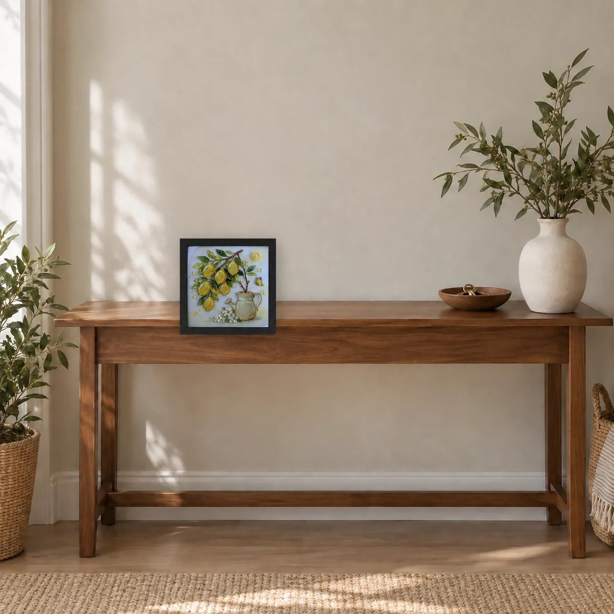 Lemon Garden shown to approximate scale in a warm minimalist room