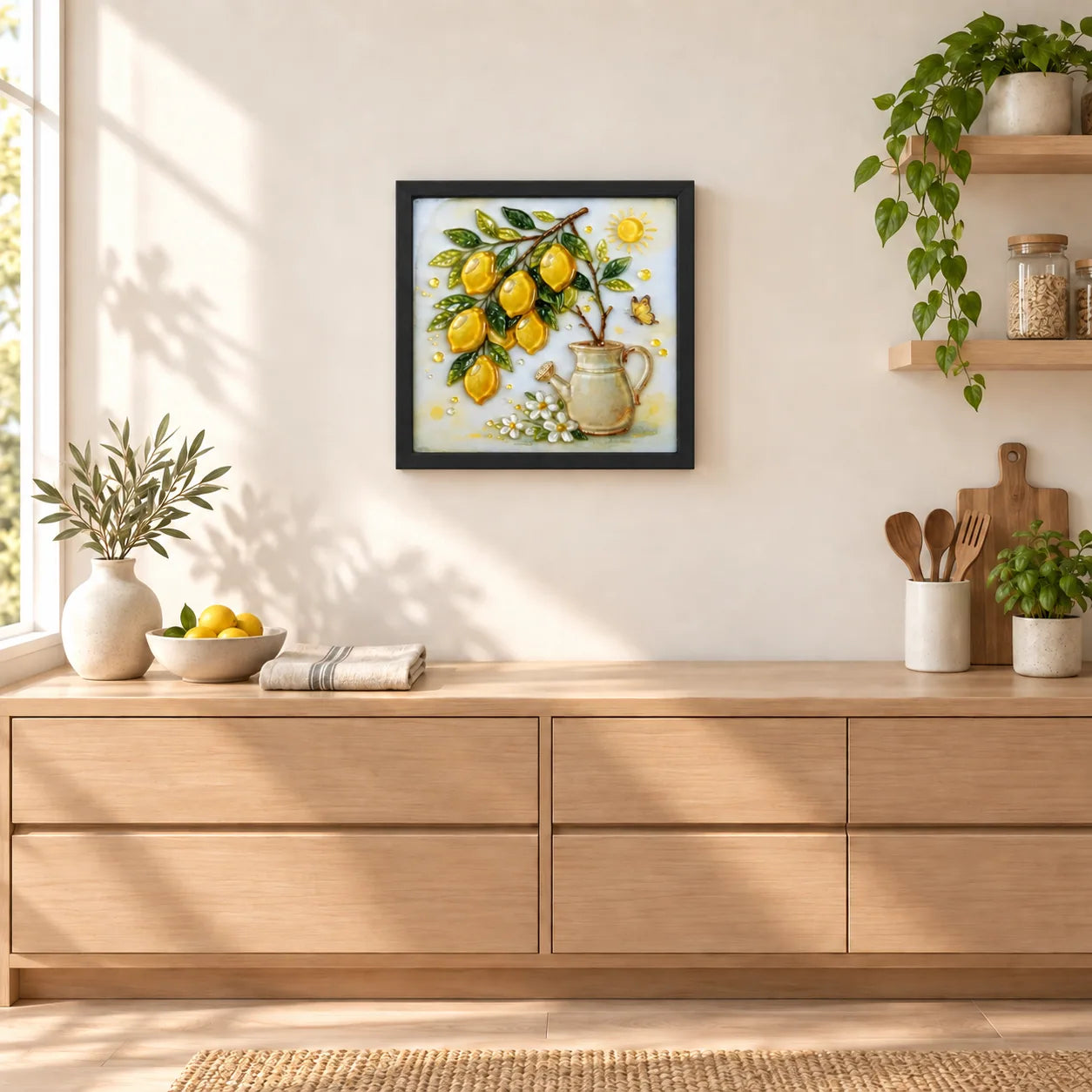 Lemon Garden shown to approximate scale in a warm minimalist room
