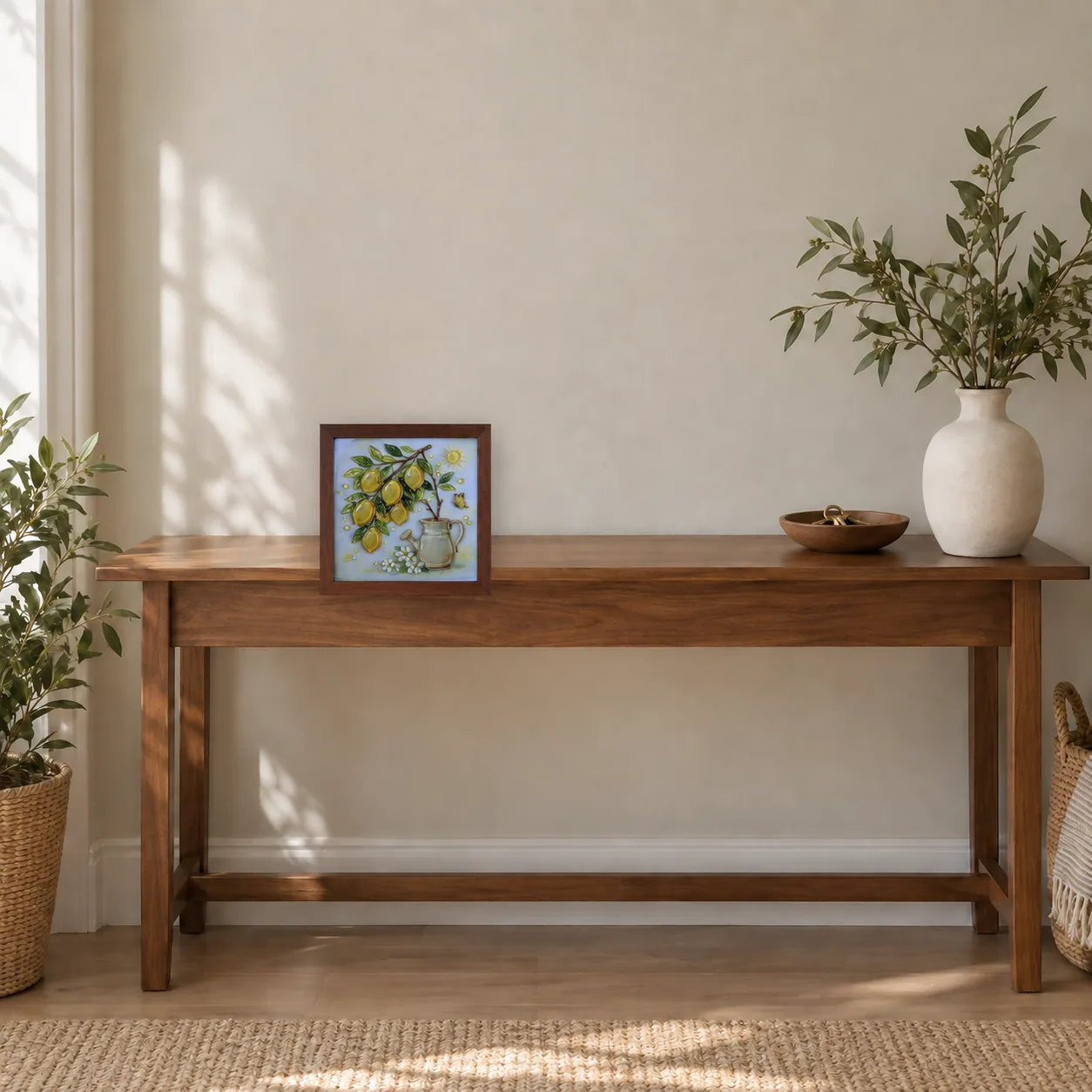 Lemon Garden shown to approximate scale in a warm minimalist room