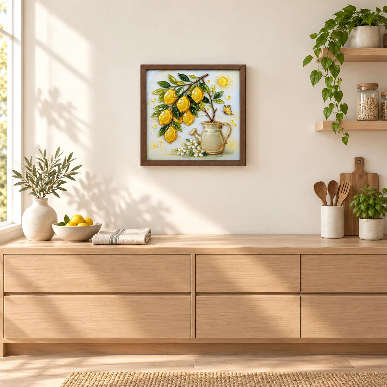 Lemon Garden shown to approximate scale in a warm minimalist room