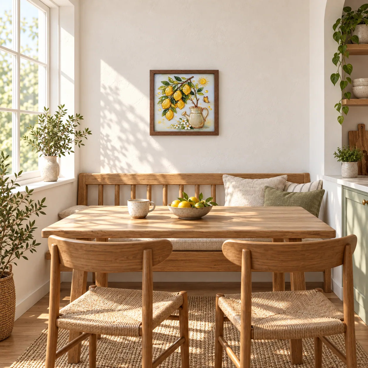 Lemon Garden shown to approximate scale in a warm minimalist room