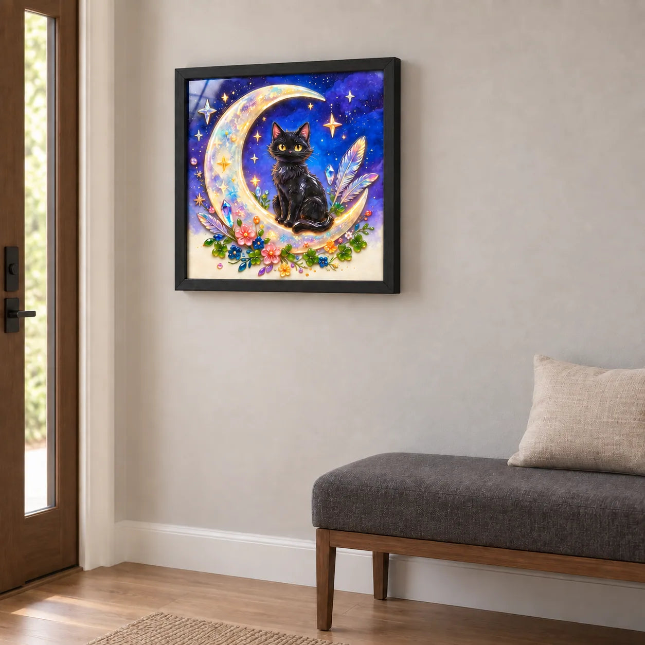 Moonlit Black Cat shown to approximate scale in a warm minimalist room