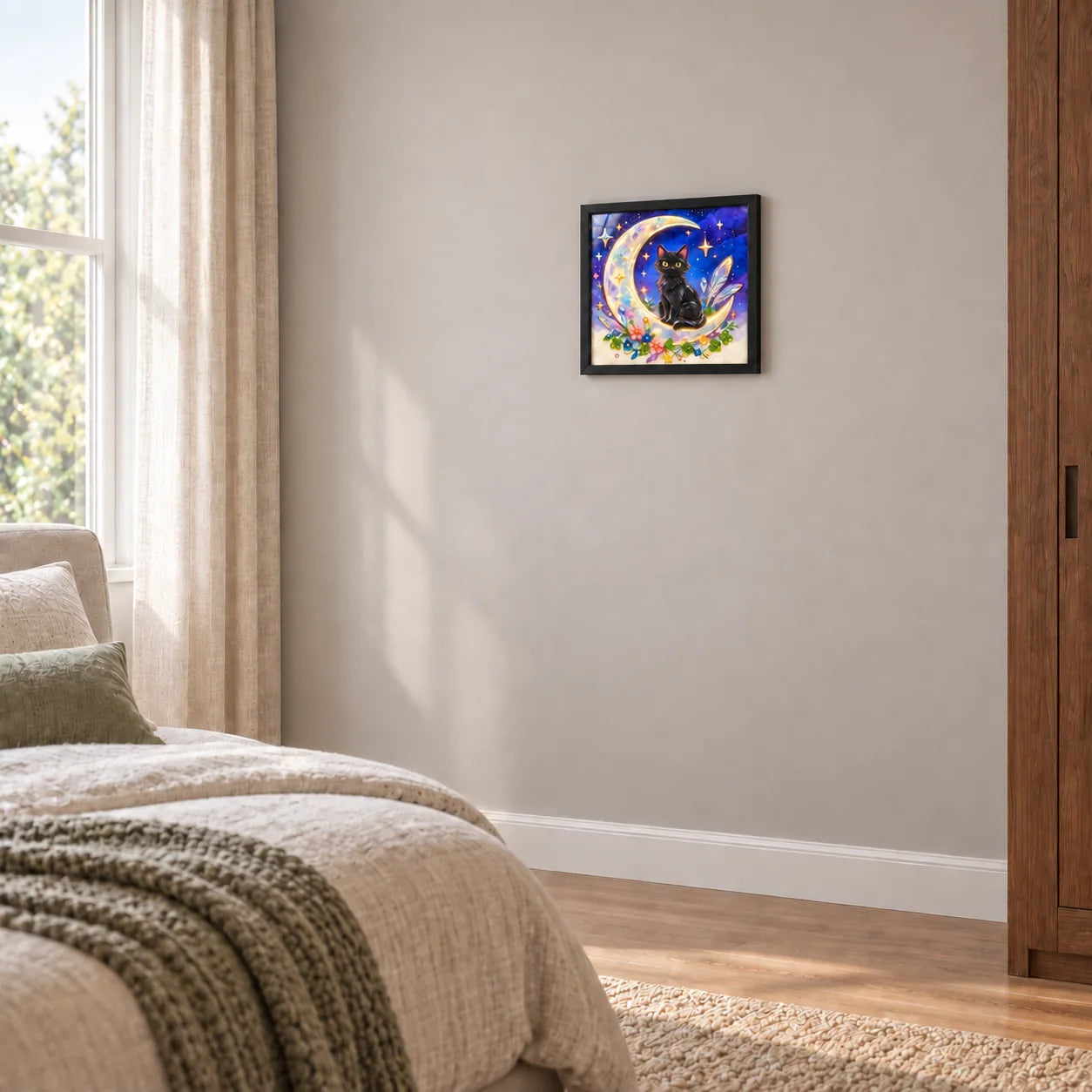 Moonlit Black Cat shown to approximate scale in a warm minimalist room