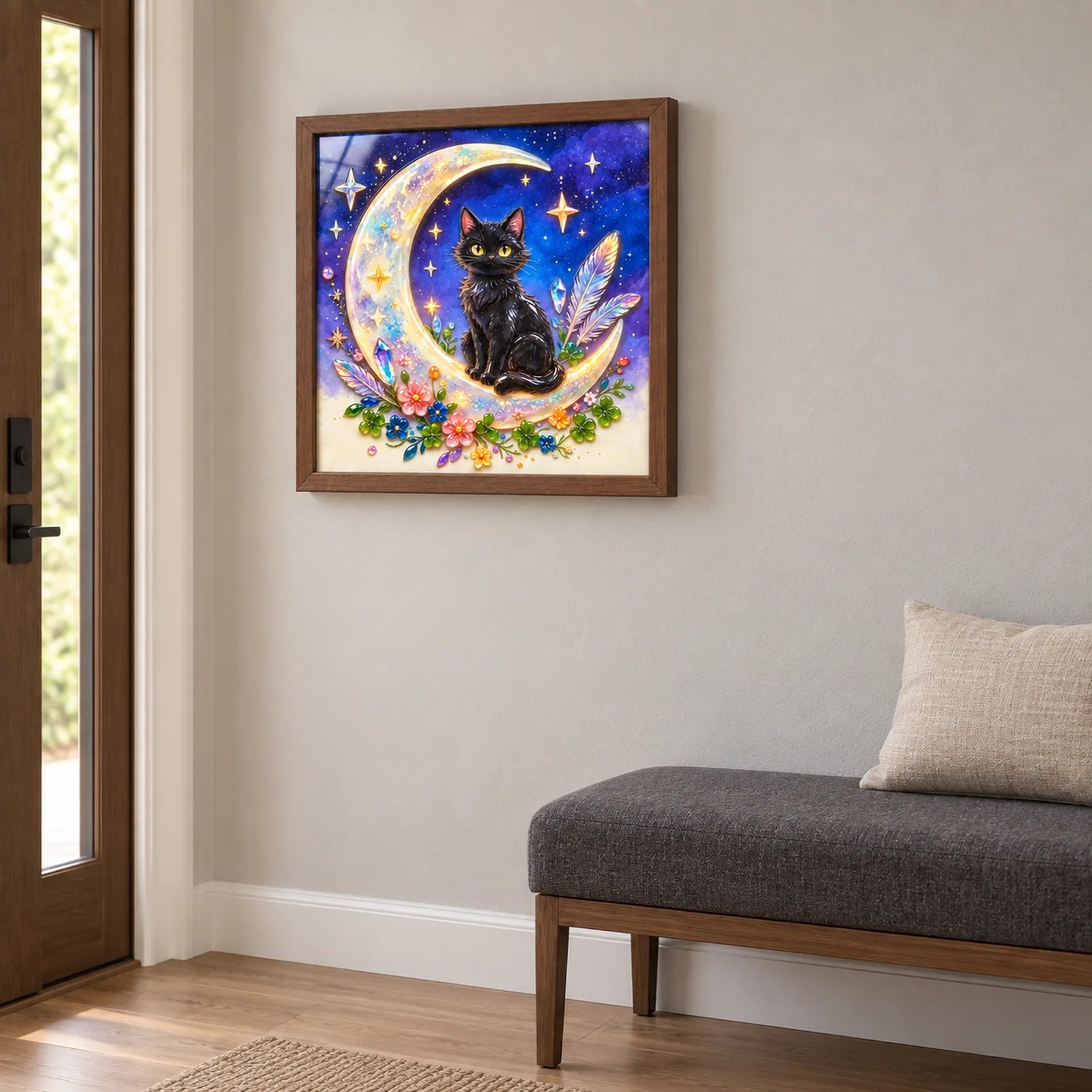 Moonlit Black Cat shown to approximate scale in a warm minimalist room