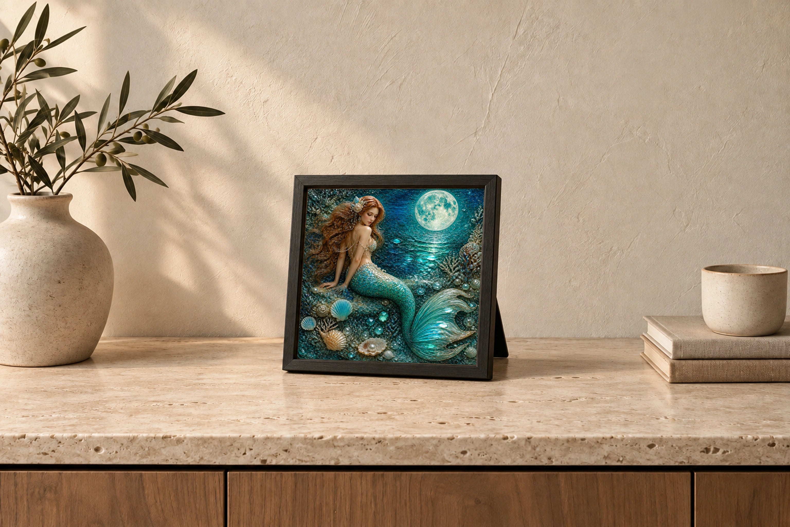 Moonlit Mermaid shown to approximate scale in a warm minimalist room