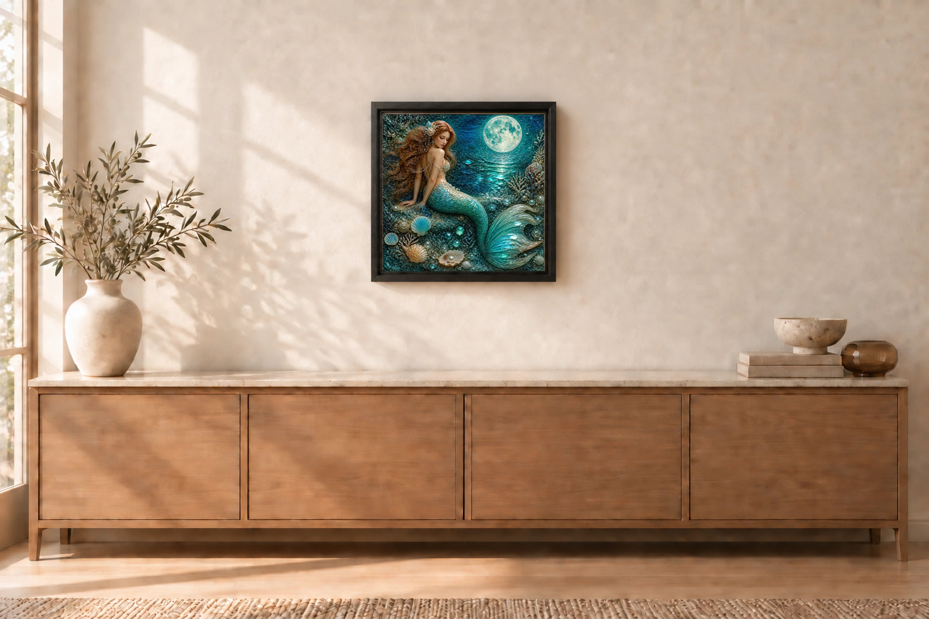 Moonlit Mermaid shown to approximate scale in a warm minimalist room