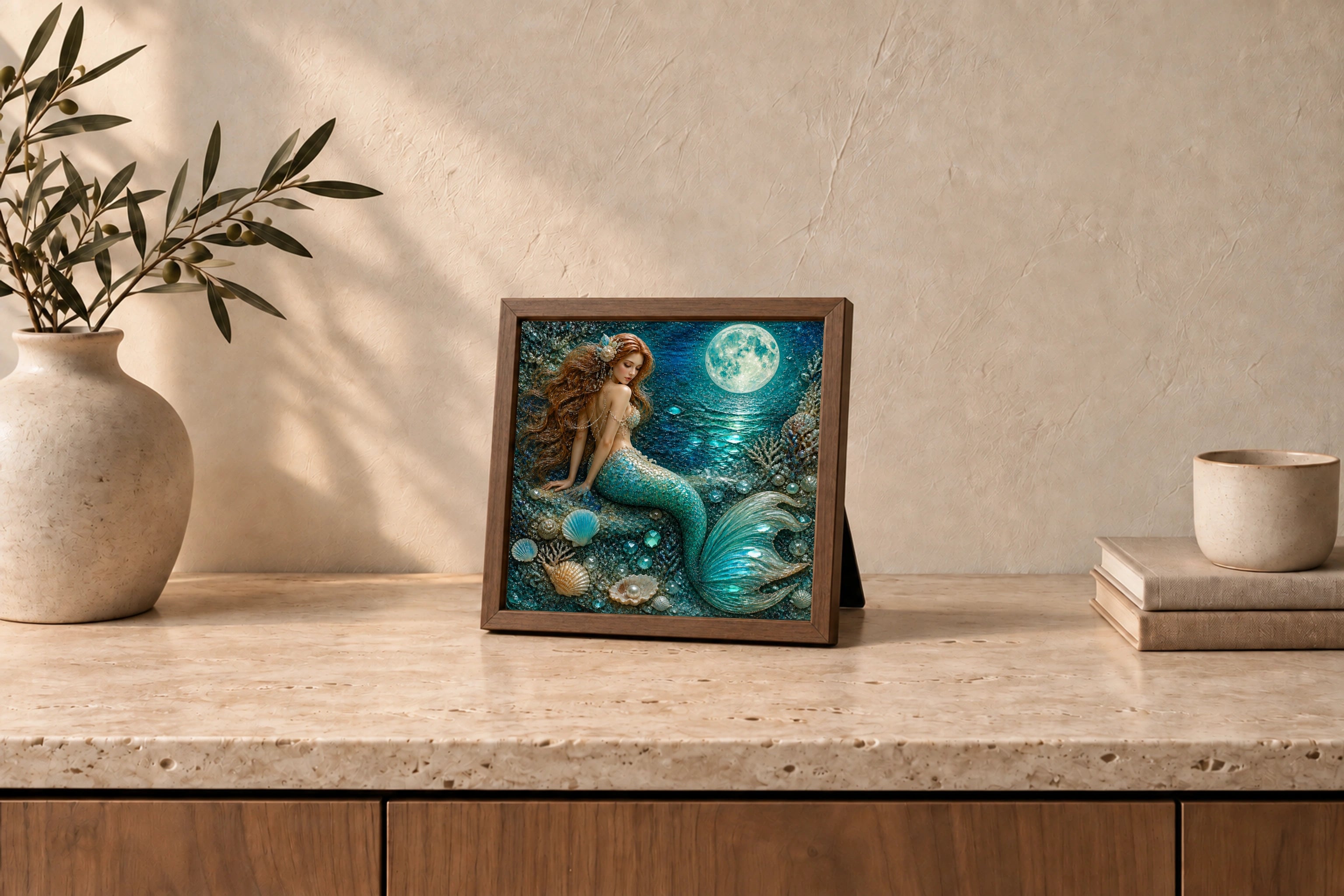 Moonlit Mermaid shown to approximate scale in a warm minimalist room