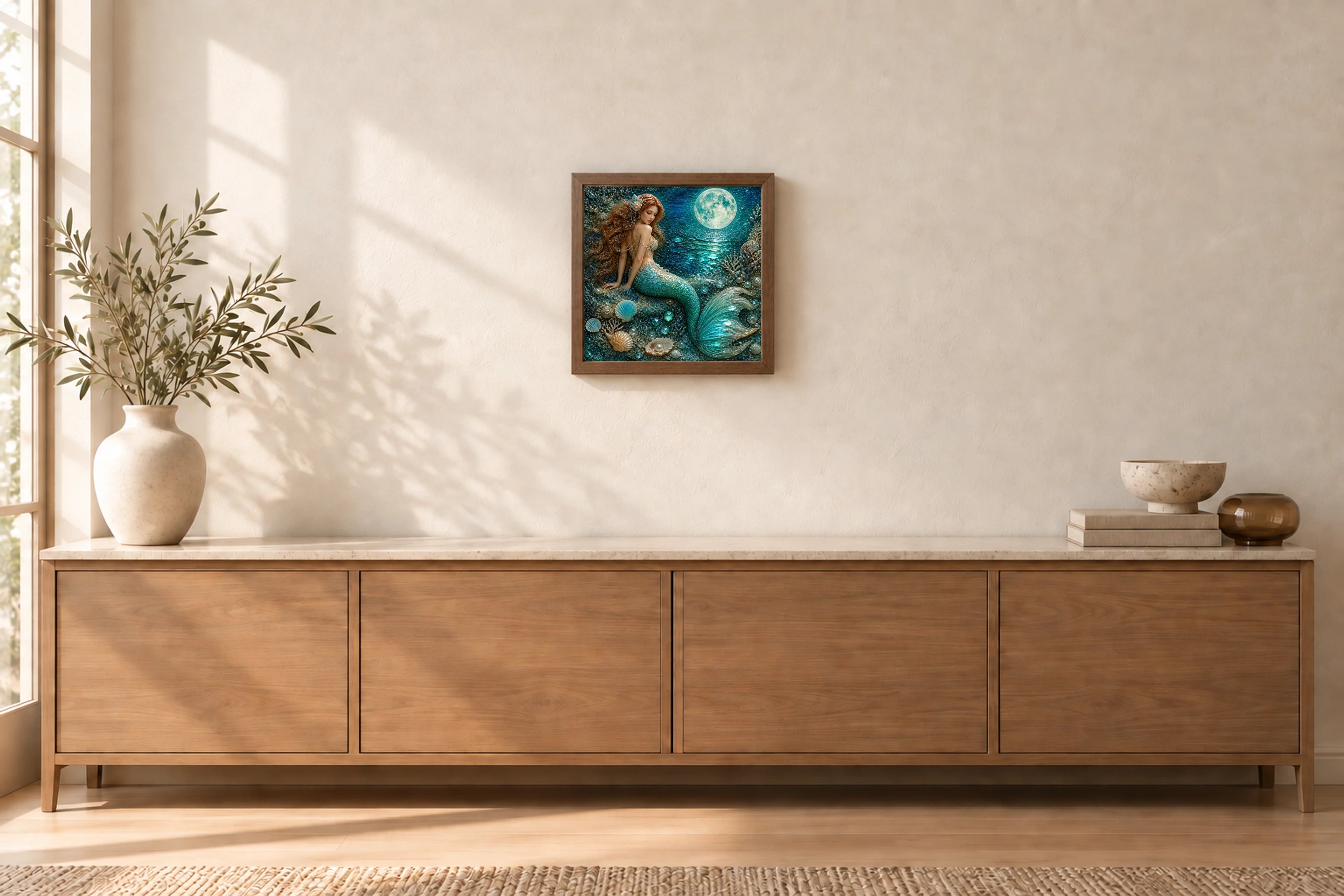 Moonlit Mermaid shown to approximate scale in a warm minimalist room