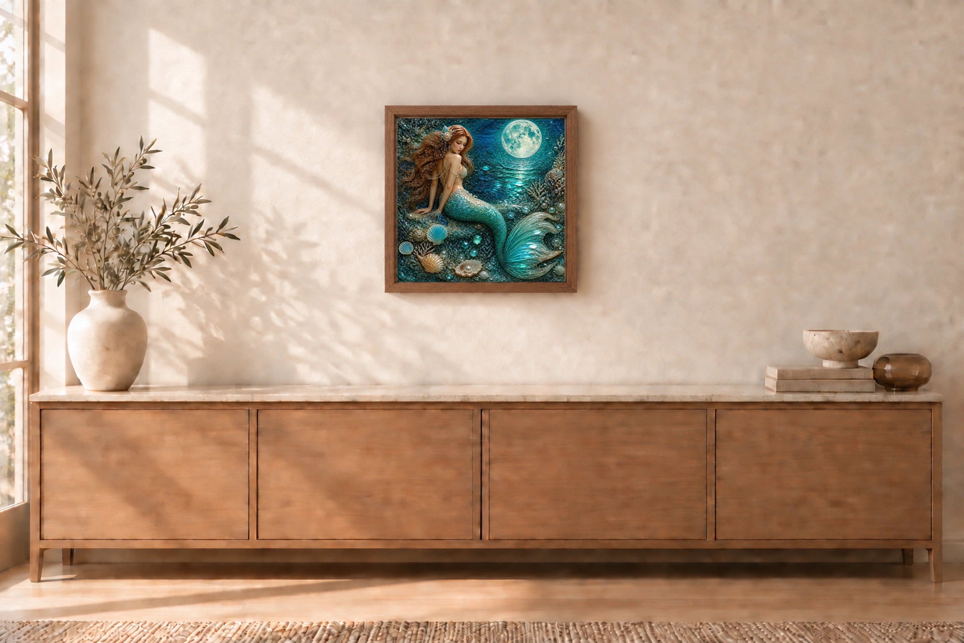 Moonlit Mermaid shown to approximate scale in a warm minimalist room