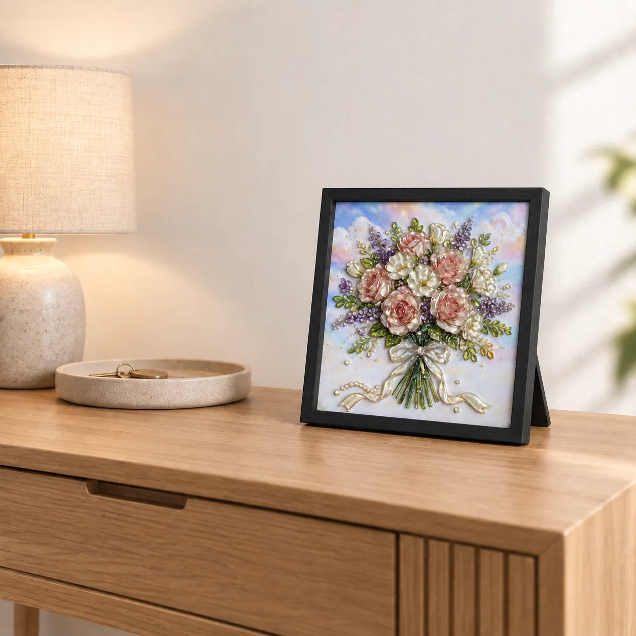 Rose Bouquet shown to approximate scale in a warm minimalist room