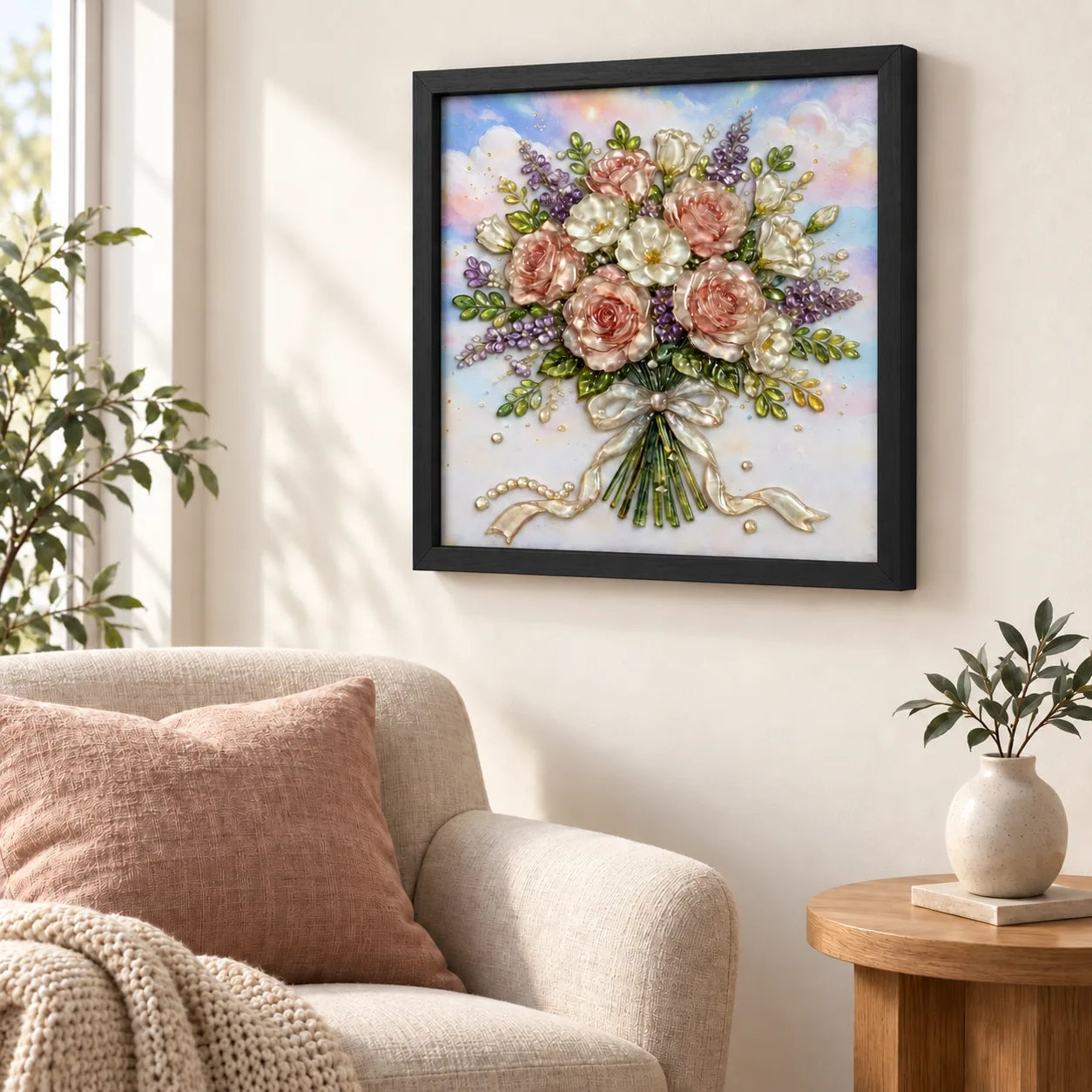Rose Bouquet shown to approximate scale in a warm minimalist room