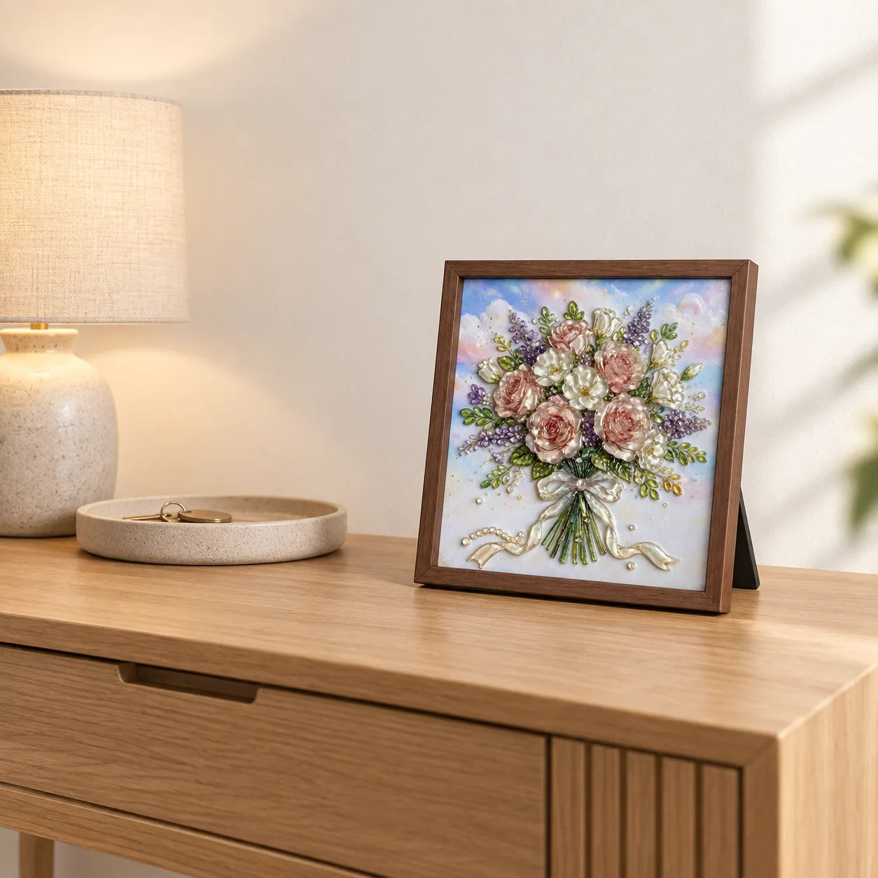 Rose Bouquet shown to approximate scale in a warm minimalist room