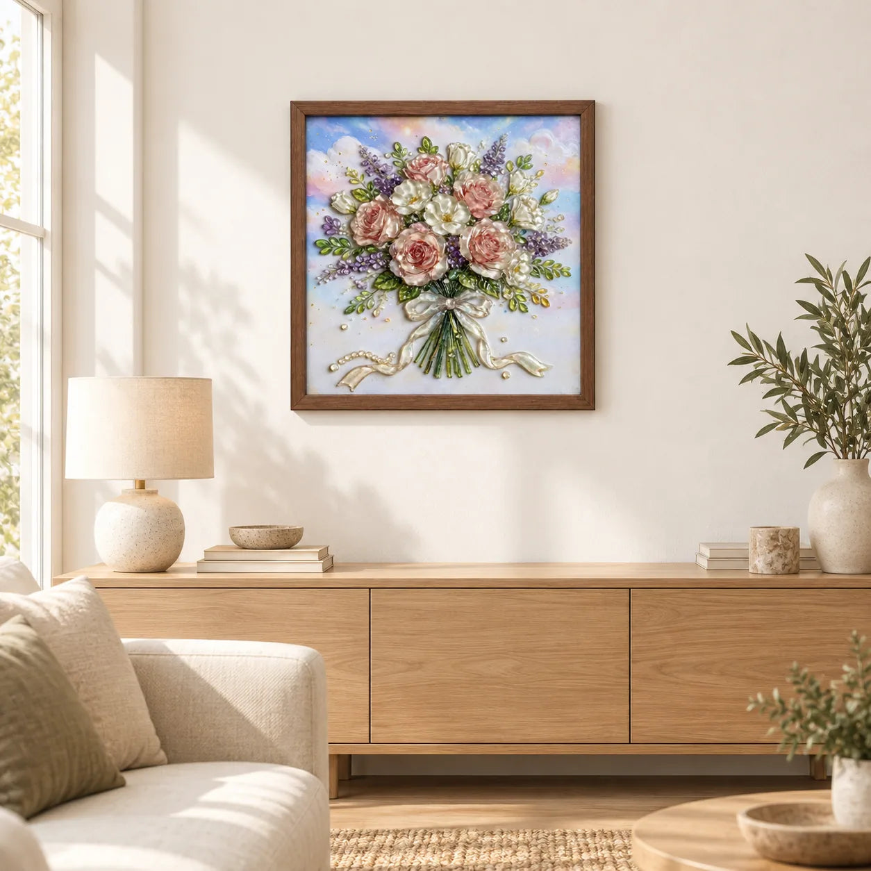Rose Bouquet shown to approximate scale in a warm minimalist room