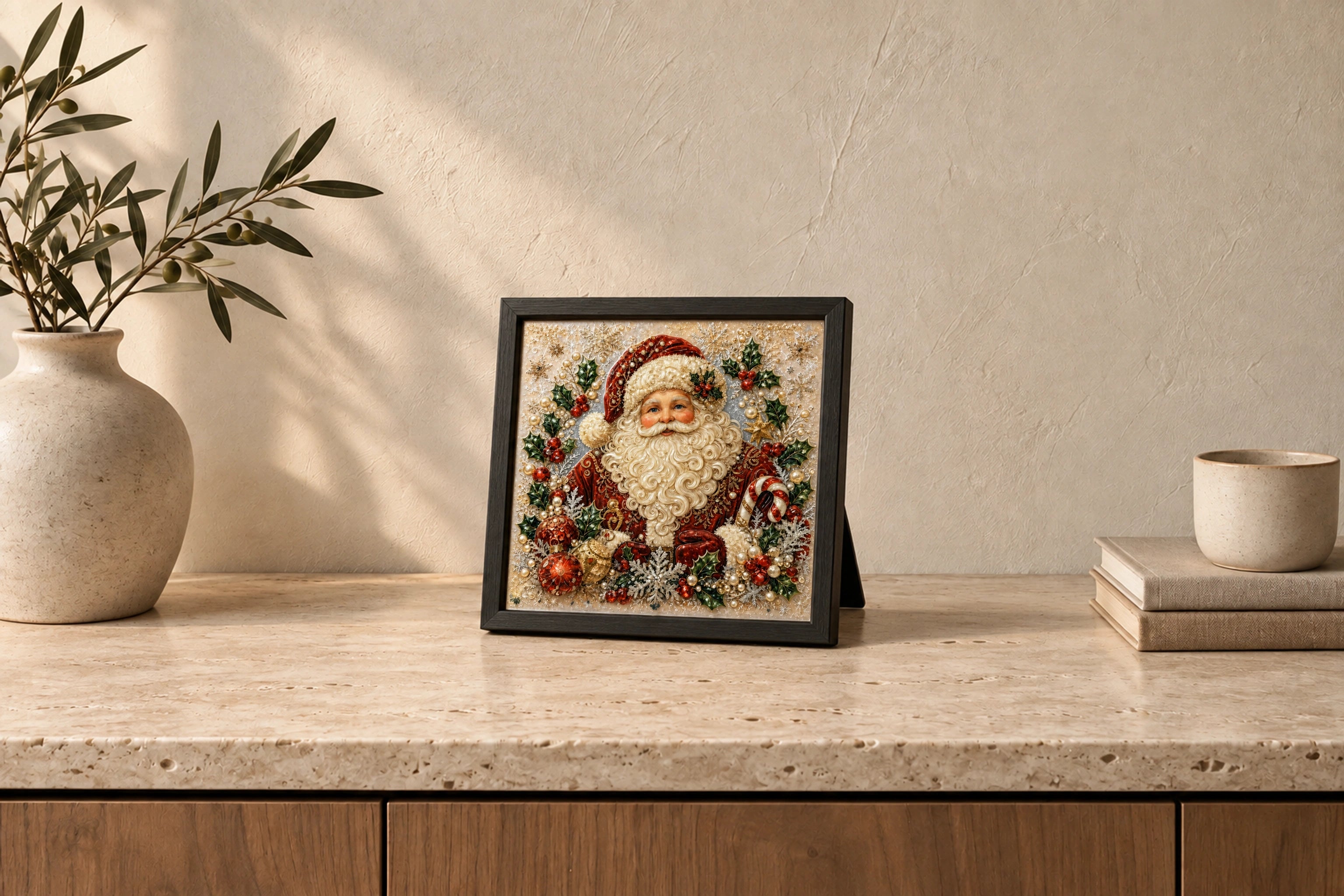 Santa Claus shown to approximate scale in a warm minimalist room