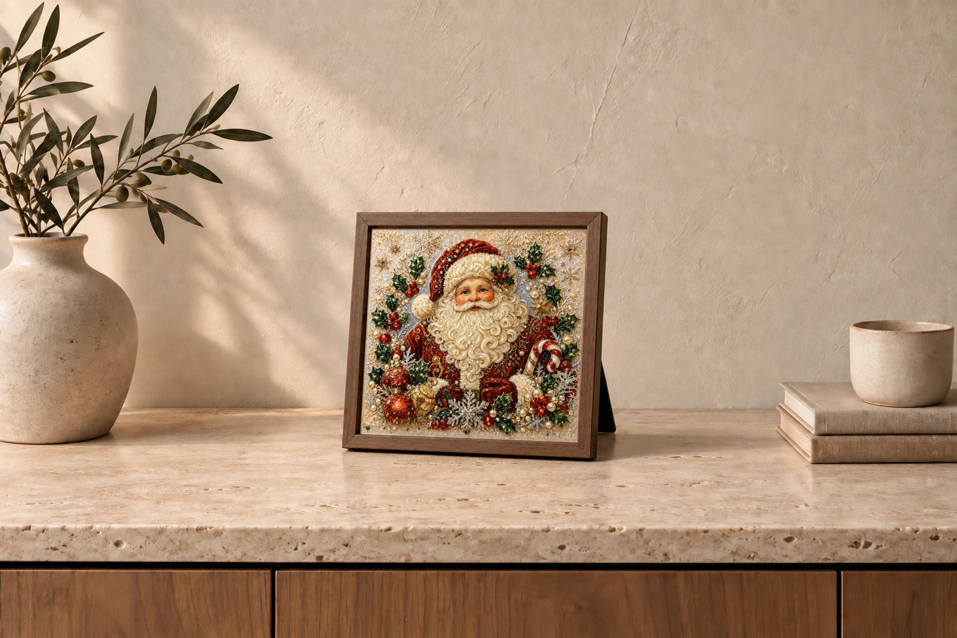 Santa Claus shown to approximate scale in a warm minimalist room