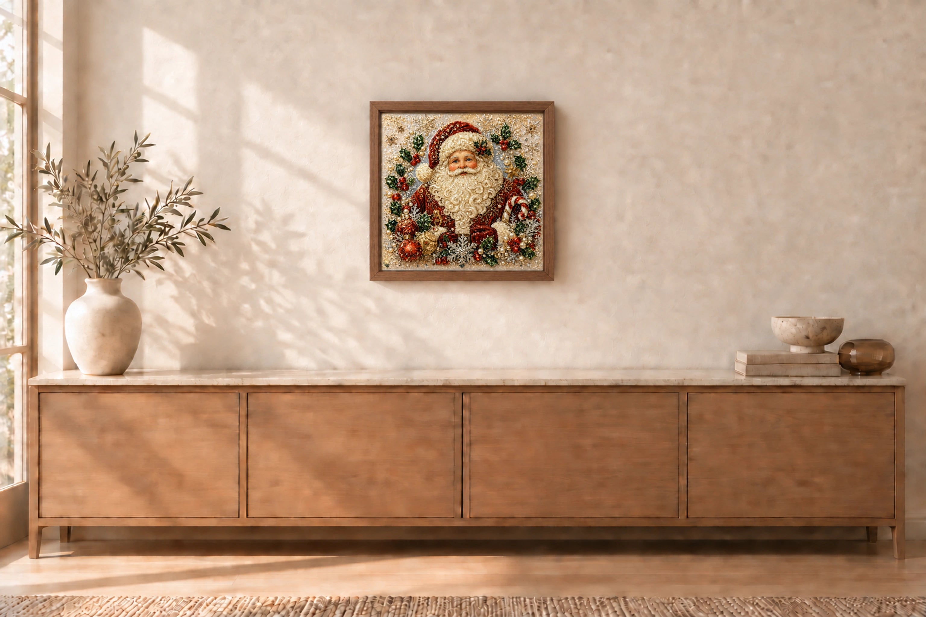 Santa Claus shown to approximate scale in a warm minimalist room