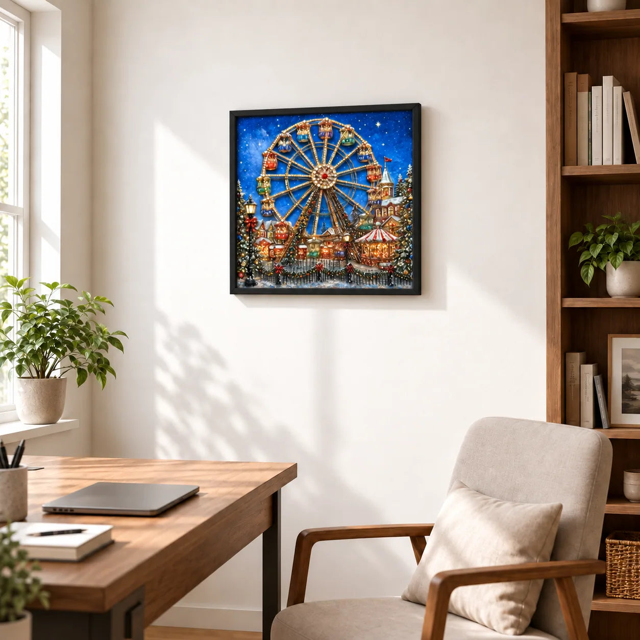 Starlit Christmas Ferris Wheel shown to approximate scale in a warm minimalist room