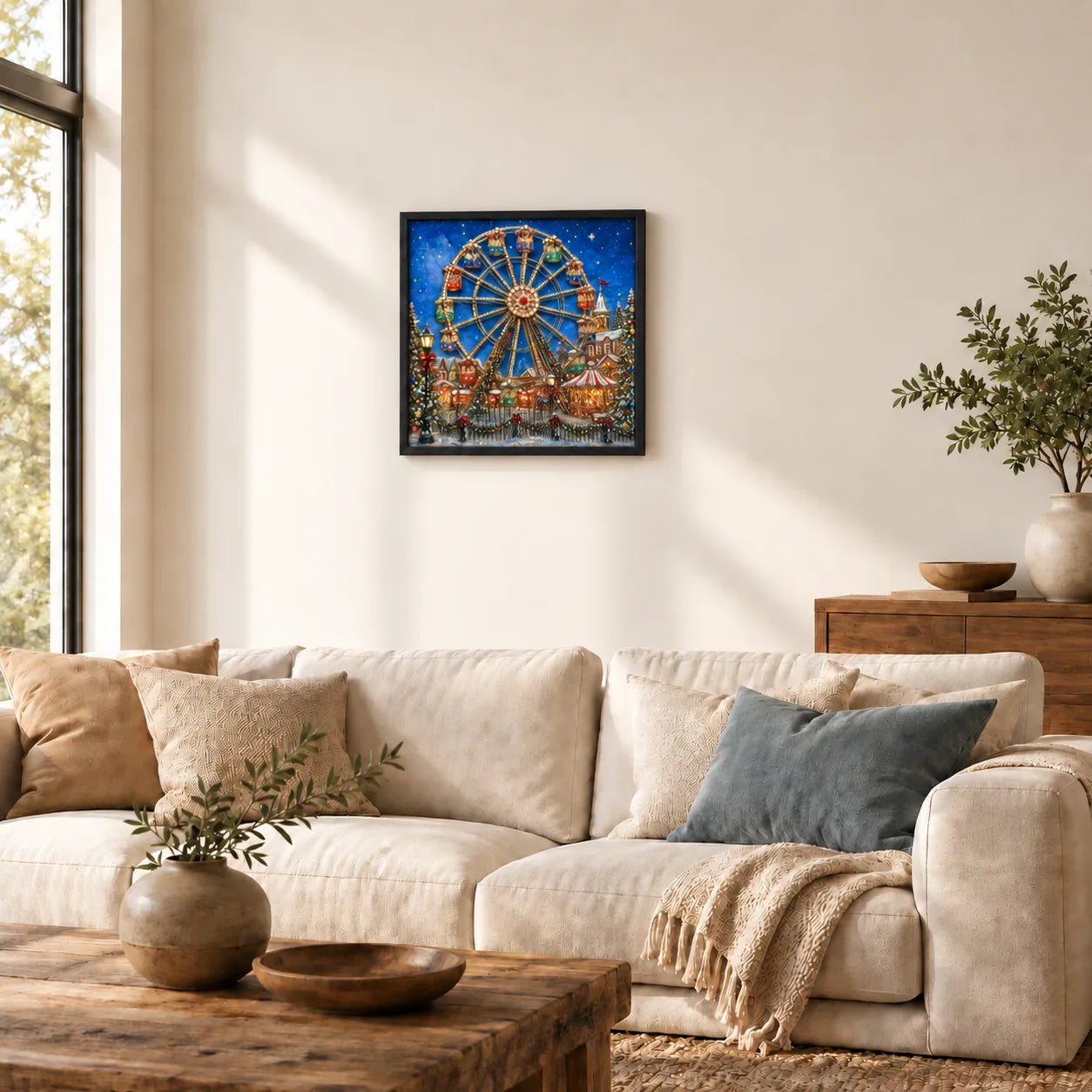 Starlit Christmas Ferris Wheel shown to approximate scale in a warm minimalist room