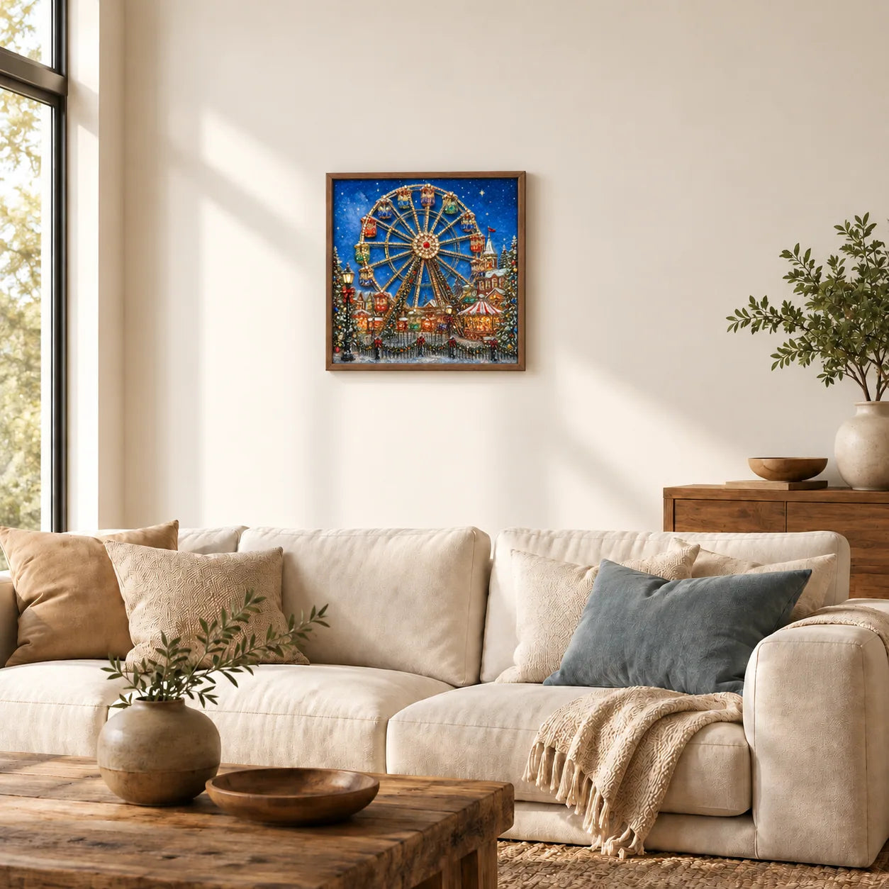 Starlit Christmas Ferris Wheel shown to approximate scale in a warm minimalist room