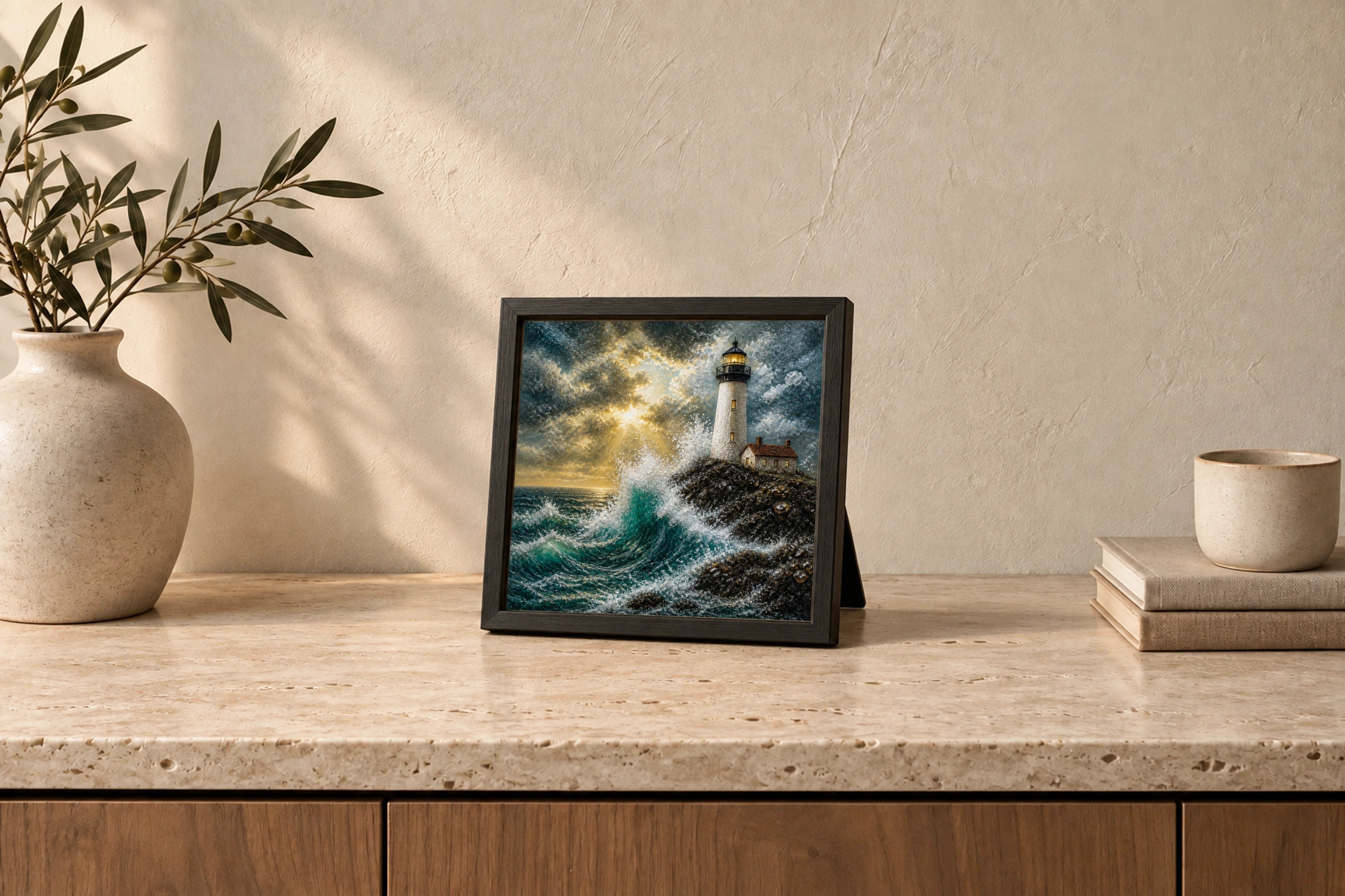 Storm Lighthouse shown to approximate scale in a warm minimalist room