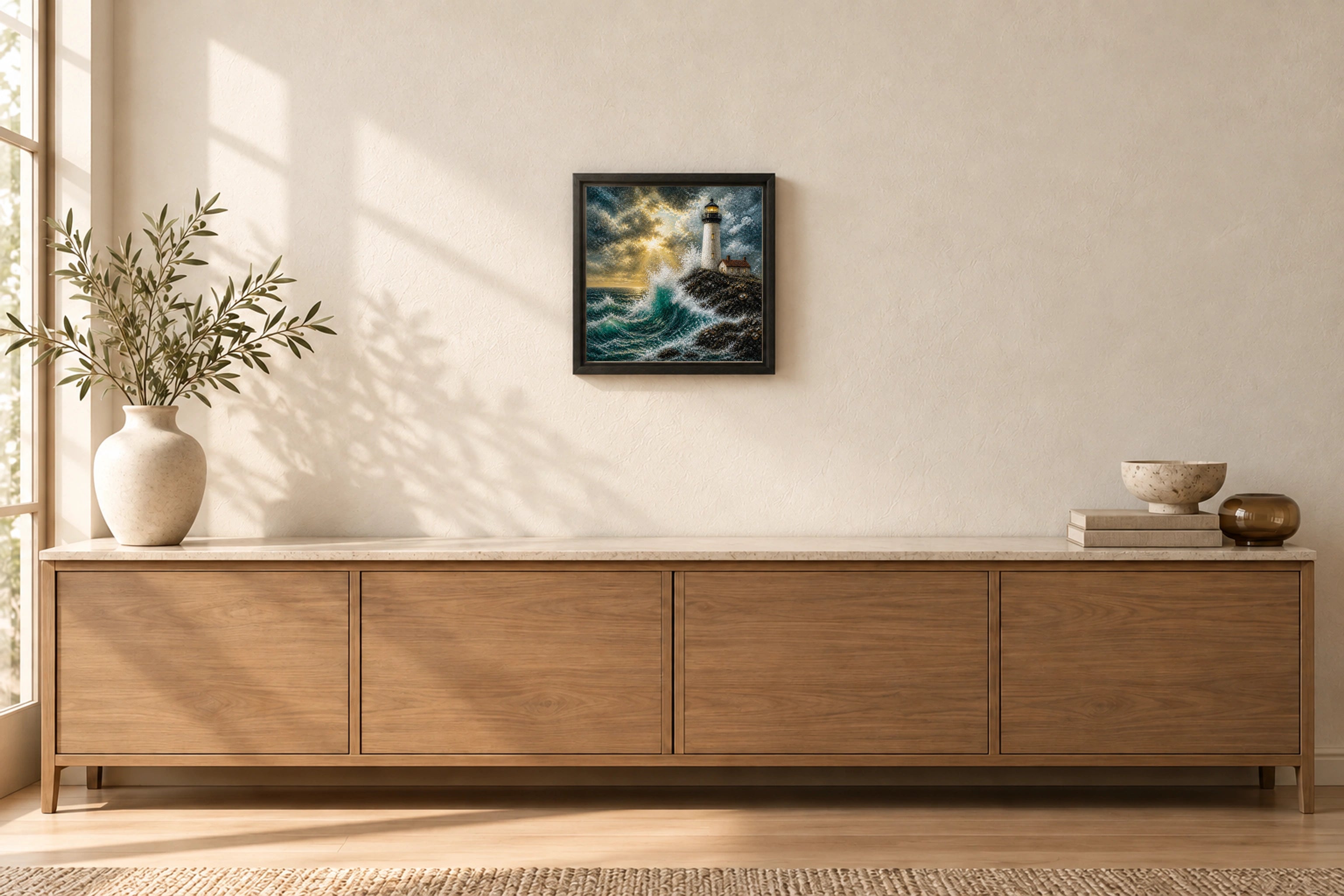 Storm Lighthouse shown to approximate scale in a warm minimalist room