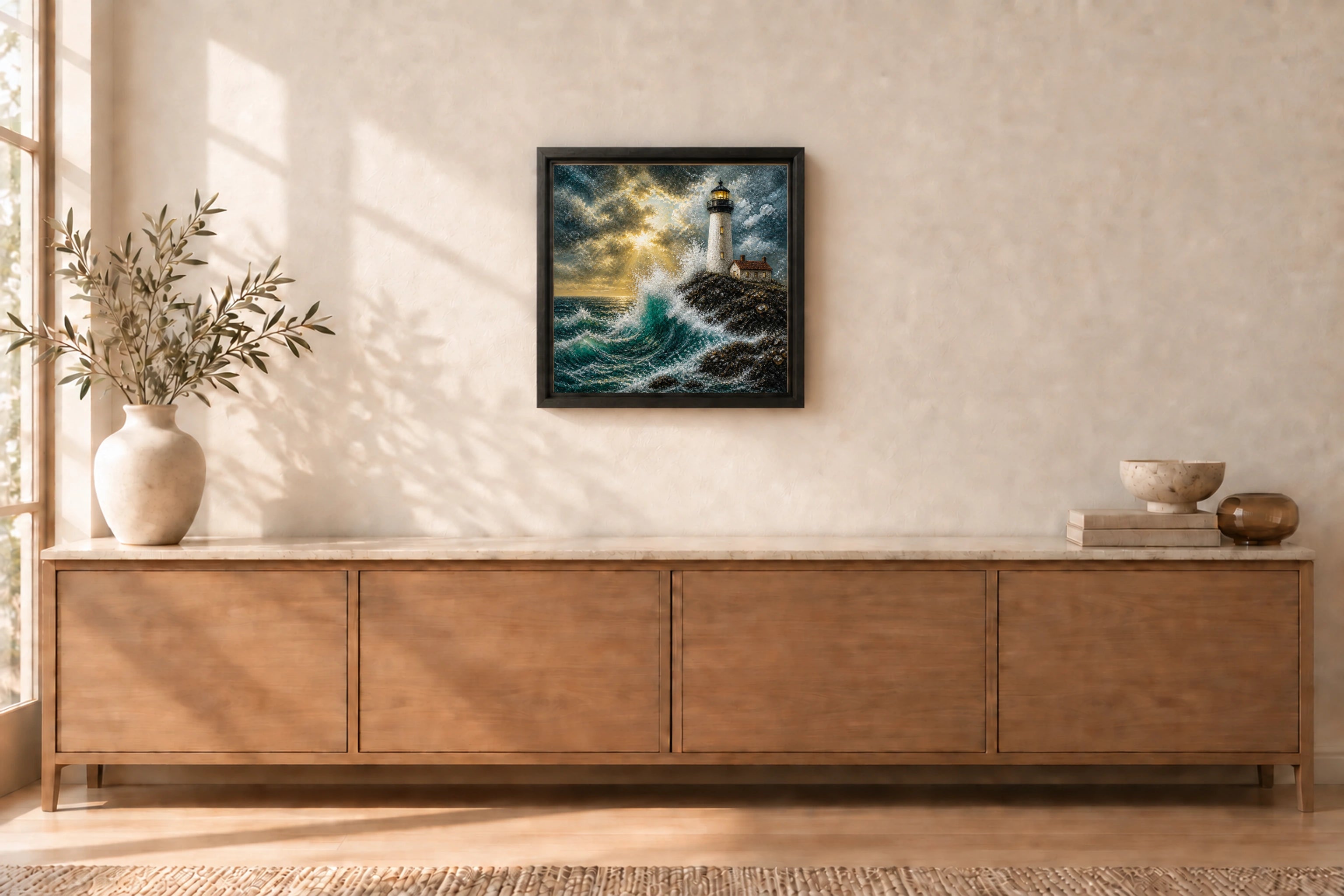 Storm Lighthouse shown to approximate scale in a warm minimalist room