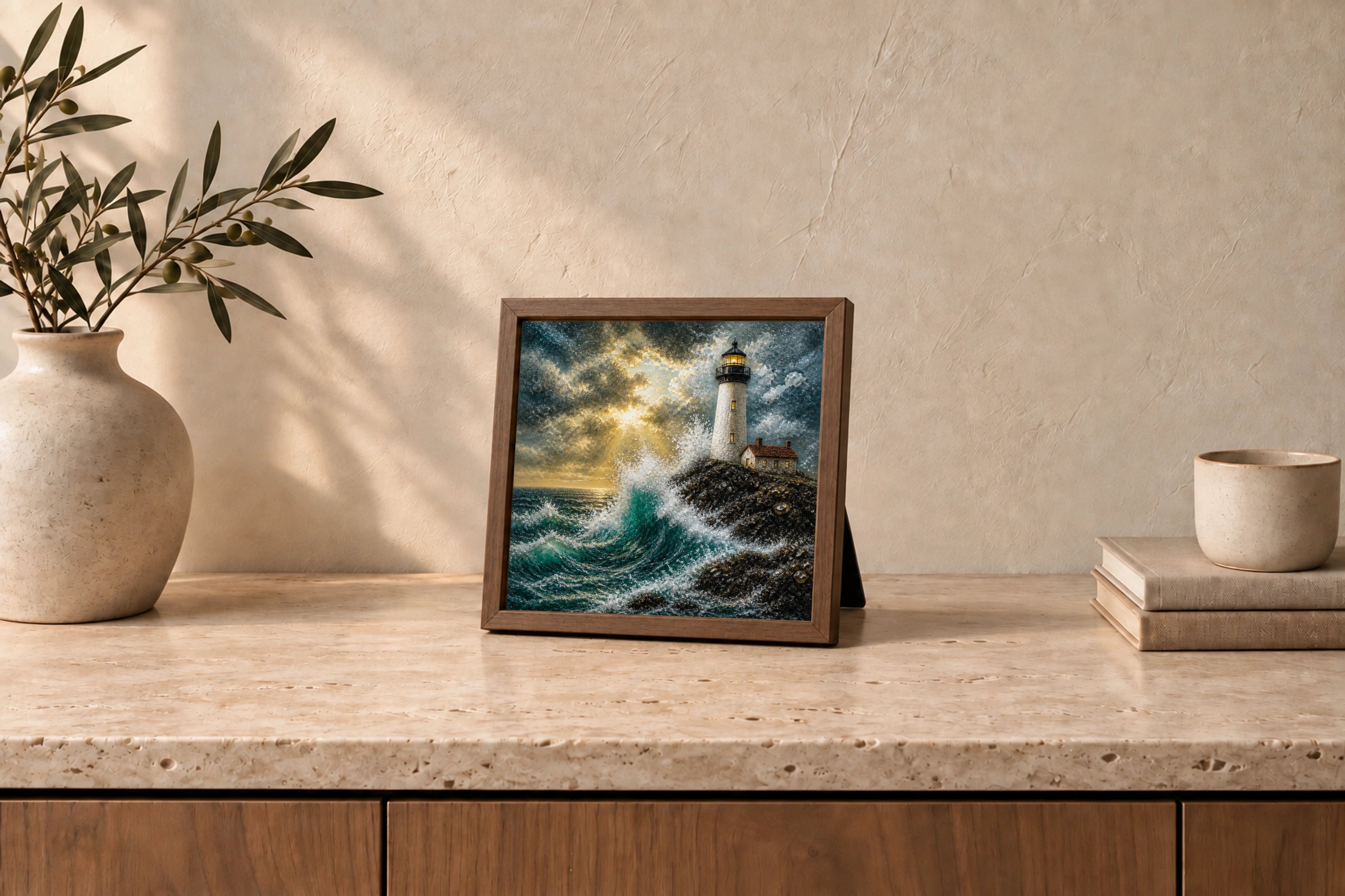 Storm Lighthouse shown to approximate scale in a warm minimalist room